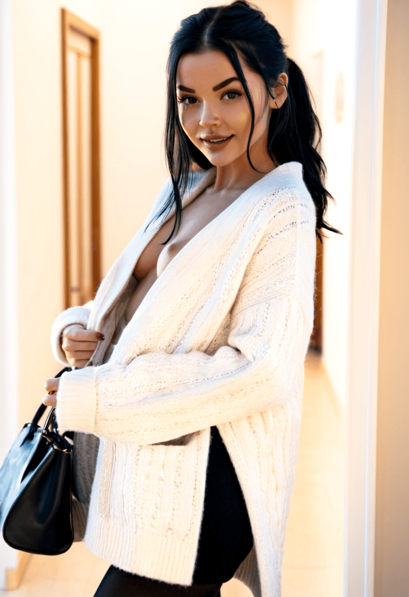 realistic selfie of a woman standing in a hallway in front of a mirror, wearing an unbuttoned coat revealing a long white cosy sweater, black skirt, and black tights. She wears black ankle boots with white wool socks peeking out. Her hair is tied in a ponytail. She holds a phone in one hand to take the picture, and a large black handbag hangs from her shoulder. Beige wall and door in the background, warm artificial indoor lighting, slight grain, mild blur, phone camera quality, casual composition, horizontal 16:9 aspect ratio, cozy everyday atmosphere.