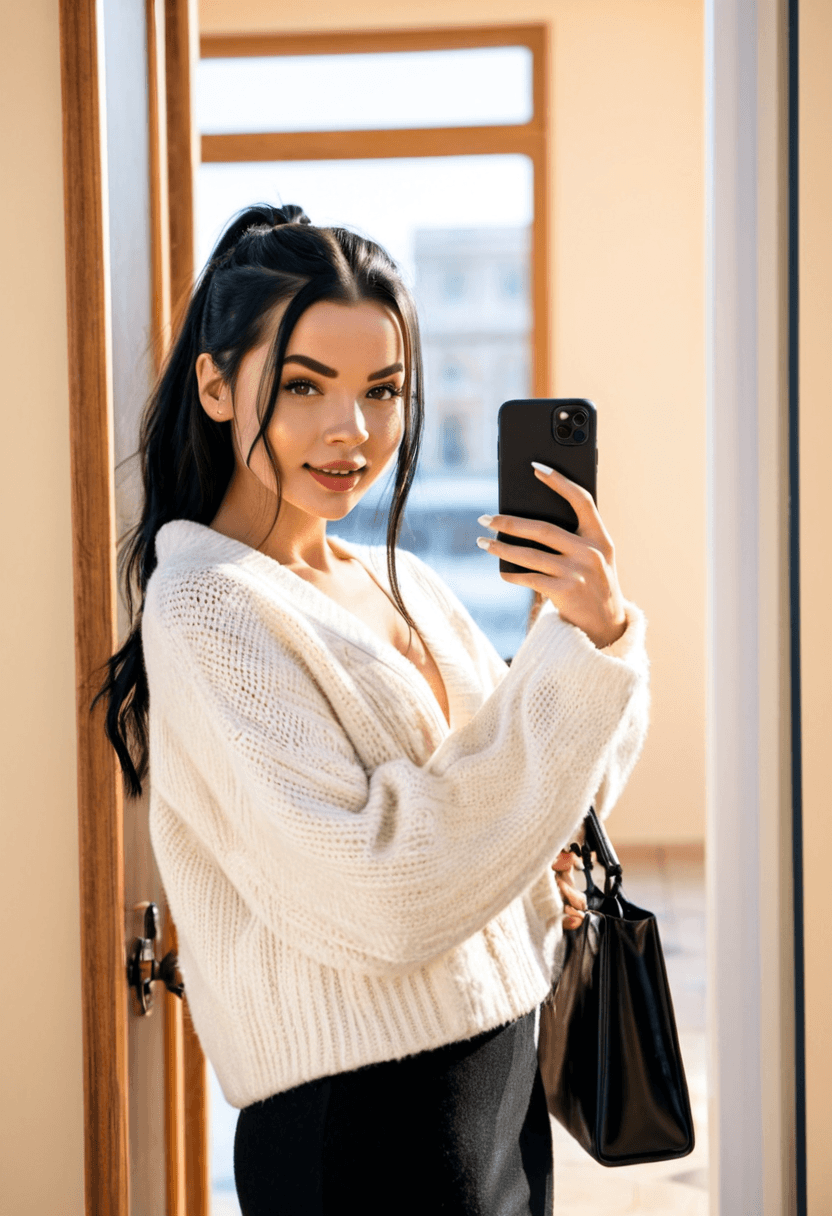 realistic selfie of a woman standing in a hallway in front of a mirror, wearing an unbuttoned coat revealing a long white cosy sweater, black skirt, and black tights. She wears black ankle boots with white wool socks peeking out. Her hair is tied in a ponytail. She holds a phone in one hand to take the picture, and a large black handbag hangs from her shoulder. Beige wall and door in the background, warm artificial indoor lighting, slight grain, mild blur, phone camera quality, casual composition, horizontal 16:9 aspect ratio, cozy everyday atmosphere.