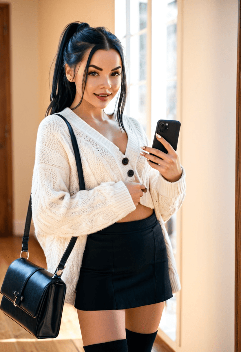 realistic selfie of a woman standing in a hallway in front of a mirror, wearing an unbuttoned coat revealing a long white cosy sweater, black skirt, and black tights. She wears black ankle boots with white wool socks peeking out. Her hair is tied in a ponytail. She holds a phone in one hand to take the picture, and a large black handbag hangs from her shoulder. Beige wall and door in the background, warm artificial indoor lighting, slight grain, mild blur, phone camera quality, casual composition, horizontal 16:9 aspect ratio, cozy everyday atmosphere.