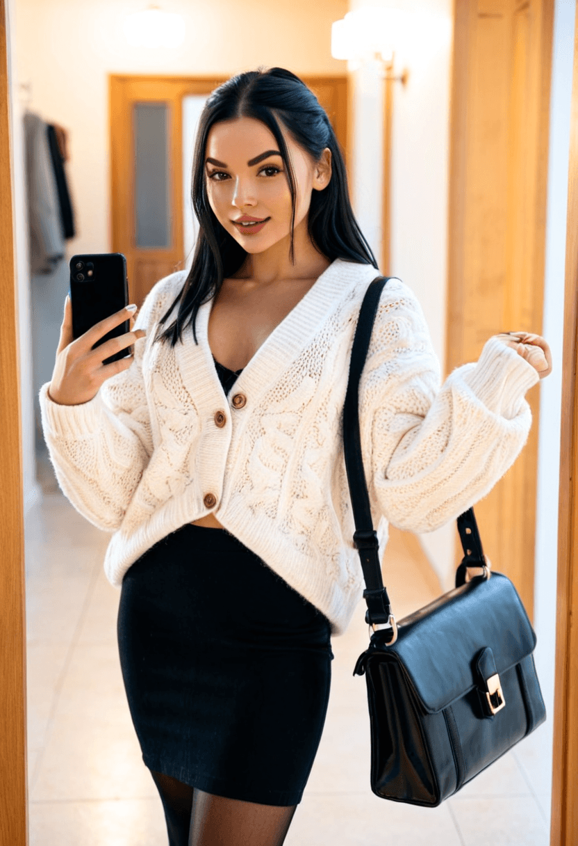realistic selfie of a woman standing in a hallway in front of a mirror, wearing an unbuttoned coat revealing a long white cosy sweater, black skirt, and black tights. She wears black ankle boots with white wool socks peeking out. Her hair is tied in a ponytail. She holds a phone in one hand to take the picture, and a large black handbag hangs from her shoulder. Beige wall and door in the background, warm artificial indoor lighting, slight grain, mild blur, phone camera quality, casual composition, horizontal 16:9 aspect ratio, cozy everyday atmosphere.