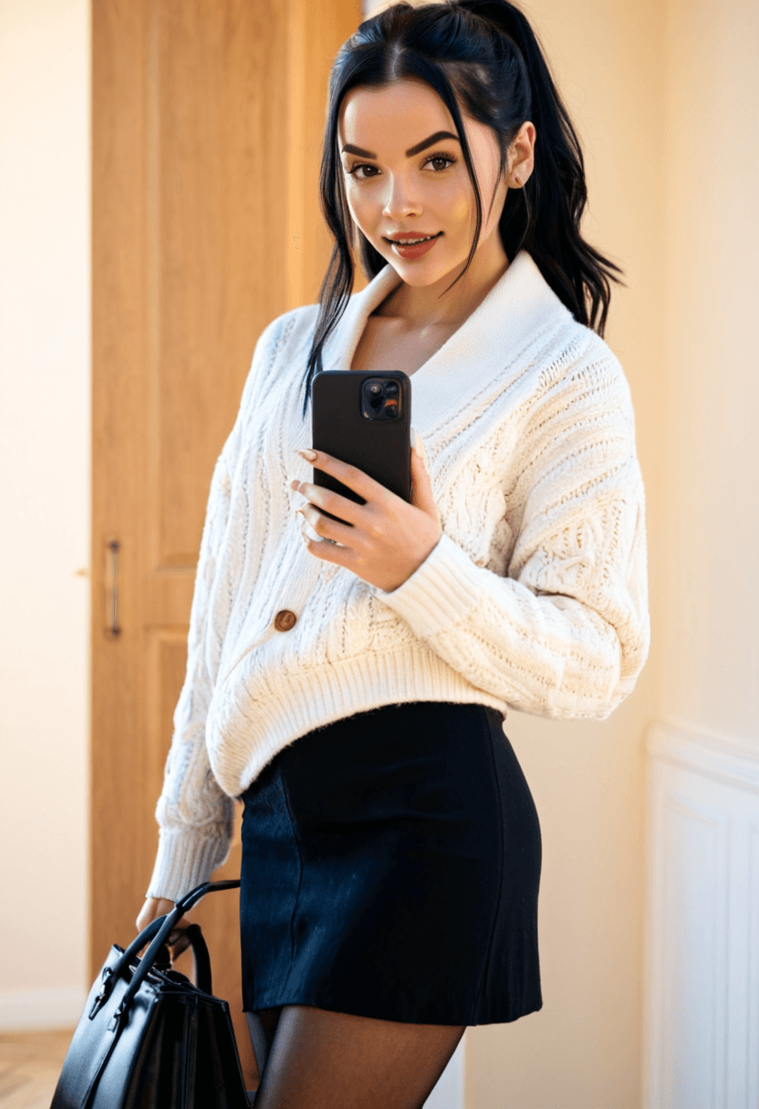 realistic selfie of a woman standing in a hallway in front of a mirror, wearing an unbuttoned coat revealing a long white cosy sweater, black skirt, and black tights. She wears black ankle boots with white wool socks peeking out. Her hair is tied in a ponytail. She holds a phone in one hand to take the picture, and a large black handbag hangs from her shoulder. Beige wall and door in the background, warm artificial indoor lighting, slight grain, mild blur, phone camera quality, casual composition, horizontal 16:9 aspect ratio, cozy everyday atmosphere.