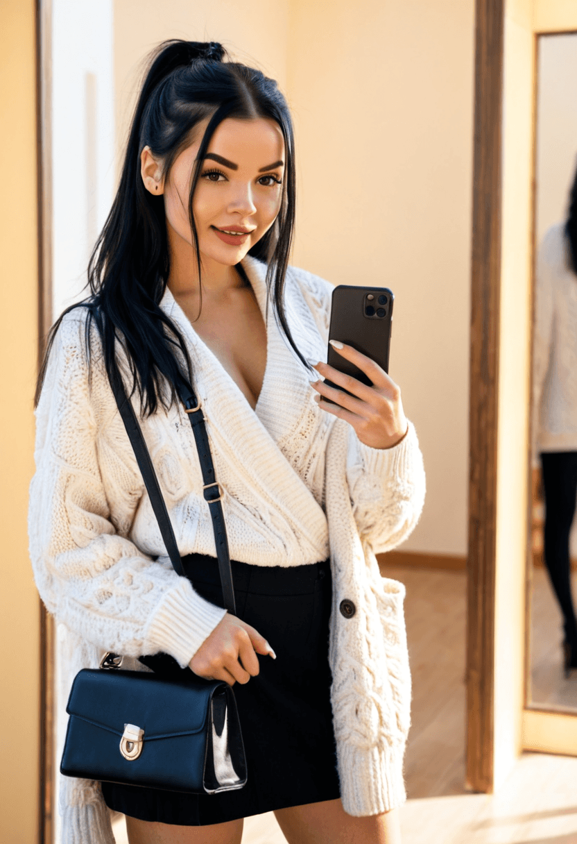 realistic selfie of a woman standing in a hallway in front of a mirror, wearing an unbuttoned coat revealing, a long white cosy sweater, black skirt, and black tights. She wears black ankle boots with white wool socks peeking out. Her hair is tied in a ponytail. She holds a phone in one hand to take the picture, and a large black handbag hangs from her shoulder. Beige wall and door in the background, warm artificial indoor lighting, slight grain, mild blur, phone camera quality, casual composition, horizontal 16:9 aspect ratio, cozy everyday atmosphere.