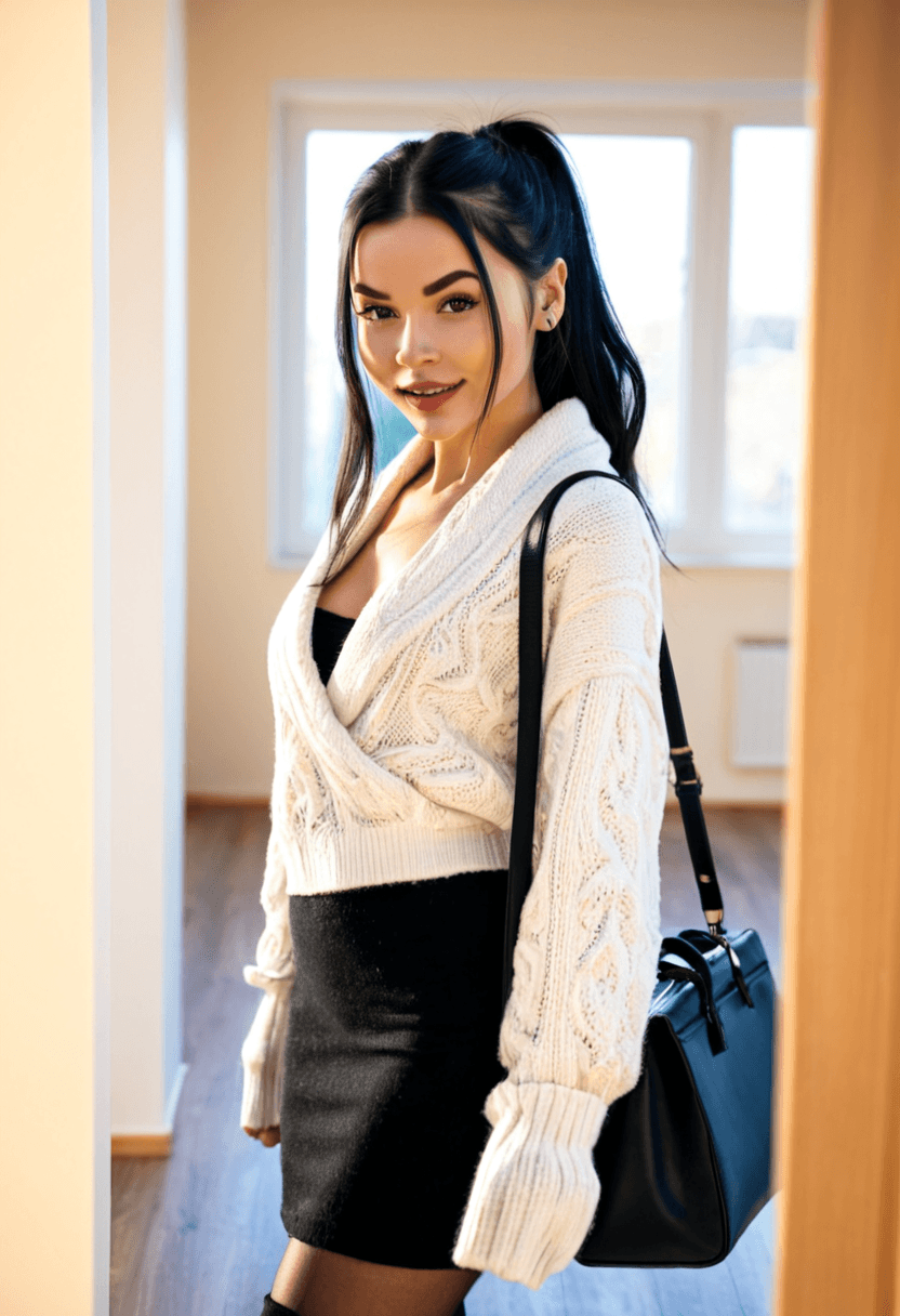 realistic selfie of a woman standing in a hallway in front of a mirror, wearing an unbuttoned coat revealing, a long white cosy sweater, black skirt, and black tights. She wears black ankle boots with white wool socks peeking out. Her hair is tied in a ponytail. She holds a phone in one hand to take the picture, and a large black handbag hangs from her shoulder. Beige wall and door in the background, warm artificial indoor lighting, slight grain, mild blur, phone camera quality, casual composition, horizontal 16:9 aspect ratio, cozy everyday atmosphere.