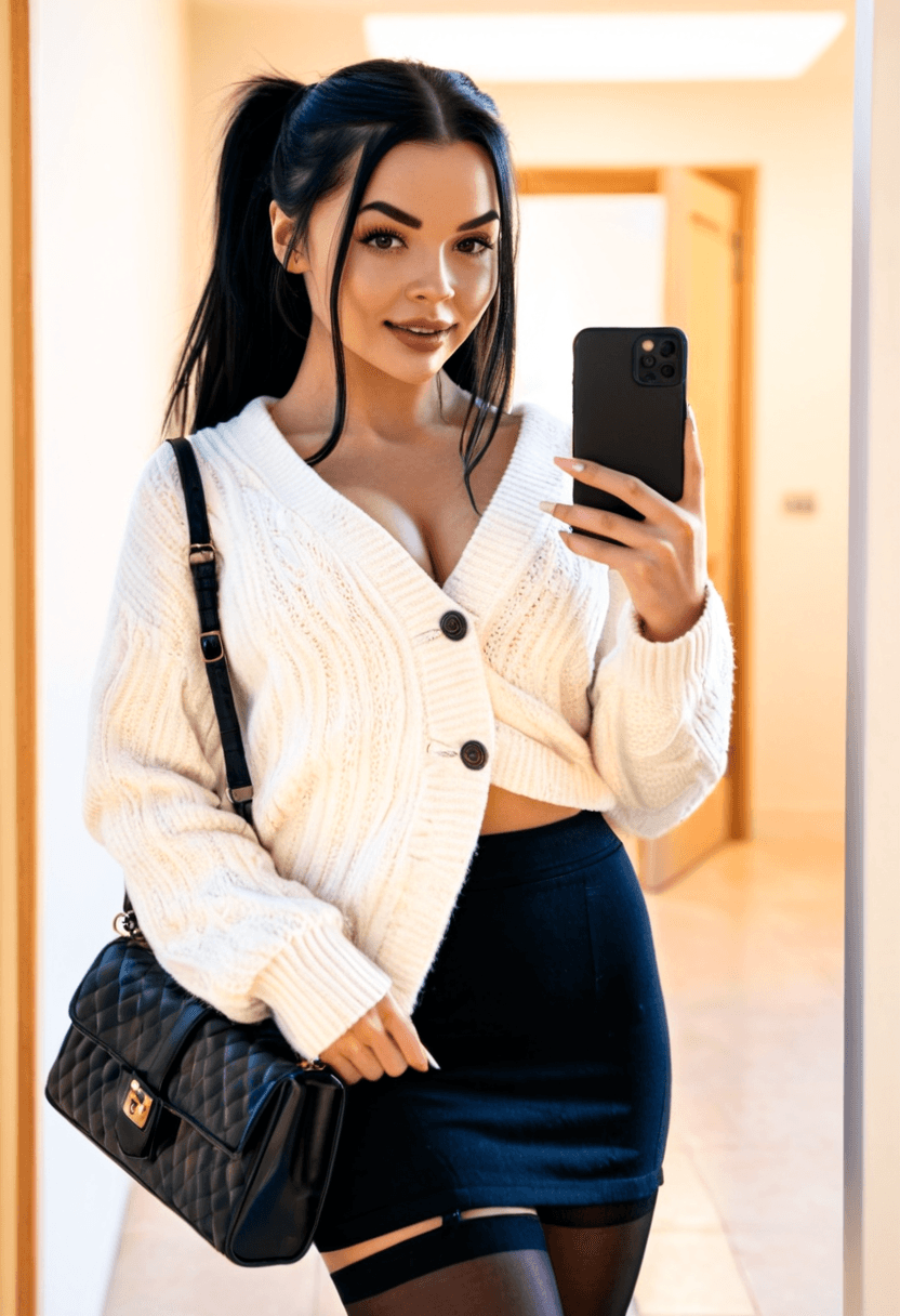 realistic selfie of a woman standing in a hallway in front of a mirror, wearing an unbuttoned coat revealing, a long white cosy sweater, black skirt, and black tights. She wears black ankle boots with white wool socks peeking out. Her hair is tied in a ponytail. She holds a phone in one hand to take the picture, and a large black handbag hangs from her shoulder. Beige wall and door in the background, warm artificial indoor lighting, slight grain, mild blur, phone camera quality, casual composition, horizontal 16:9 aspect ratio, cozy everyday atmosphere.