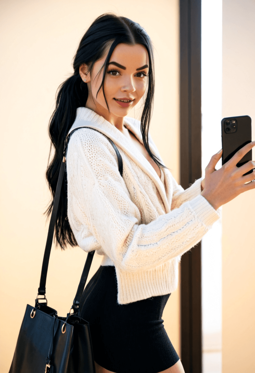 realistic selfie of a woman standing in a hallway in front of a mirror, wearing an unbuttoned coat revealing, a long white cosy sweater, black skirt, and black tights. She wears black ankle boots with white wool socks peeking out. Her hair is tied in a ponytail. She holds a phone in one hand to take the picture, and a large black handbag hangs from her shoulder. Beige wall and door in the background, warm artificial indoor lighting, slight grain, mild blur, phone camera quality, casual composition, horizontal 16:9 aspect ratio, cozy everyday atmosphere.