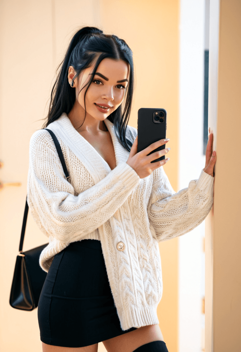 realistic selfie of a woman standing in a hallway in front of a mirror, wearing an unbuttoned coat revealing, a long white cosy sweater, black skirt, and black tights. She wears black ankle boots with white wool socks peeking out. Her hair is tied in a ponytail. She holds a phone in one hand to take the picture, and a large black handbag hangs from her shoulder. Beige wall and door in the background, warm artificial indoor lighting, slight grain, mild blur, phone camera quality, casual composition, horizontal 16:9 aspect ratio, cozy everyday atmosphere.