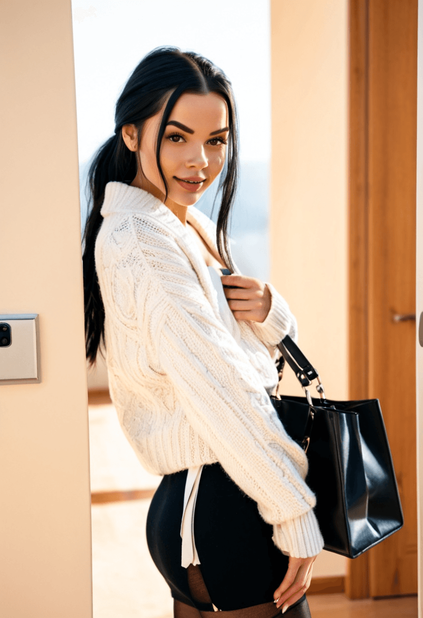 realistic selfie of a woman standing in a hallway in front of a mirror, wearing an unbuttoned coat revealing, a long white cosy sweater, black skirt, and black tights. She wears black ankle boots with white wool socks peeking out. Her hair is tied in a ponytail. She holds a phone in one hand to take the picture, and a large black handbag hangs from her shoulder. Beige wall and door in the background, warm artificial indoor lighting, slight grain, mild blur, phone camera quality, casual composition, horizontal 16:9 aspect ratio, cozy everyday atmosphere.
