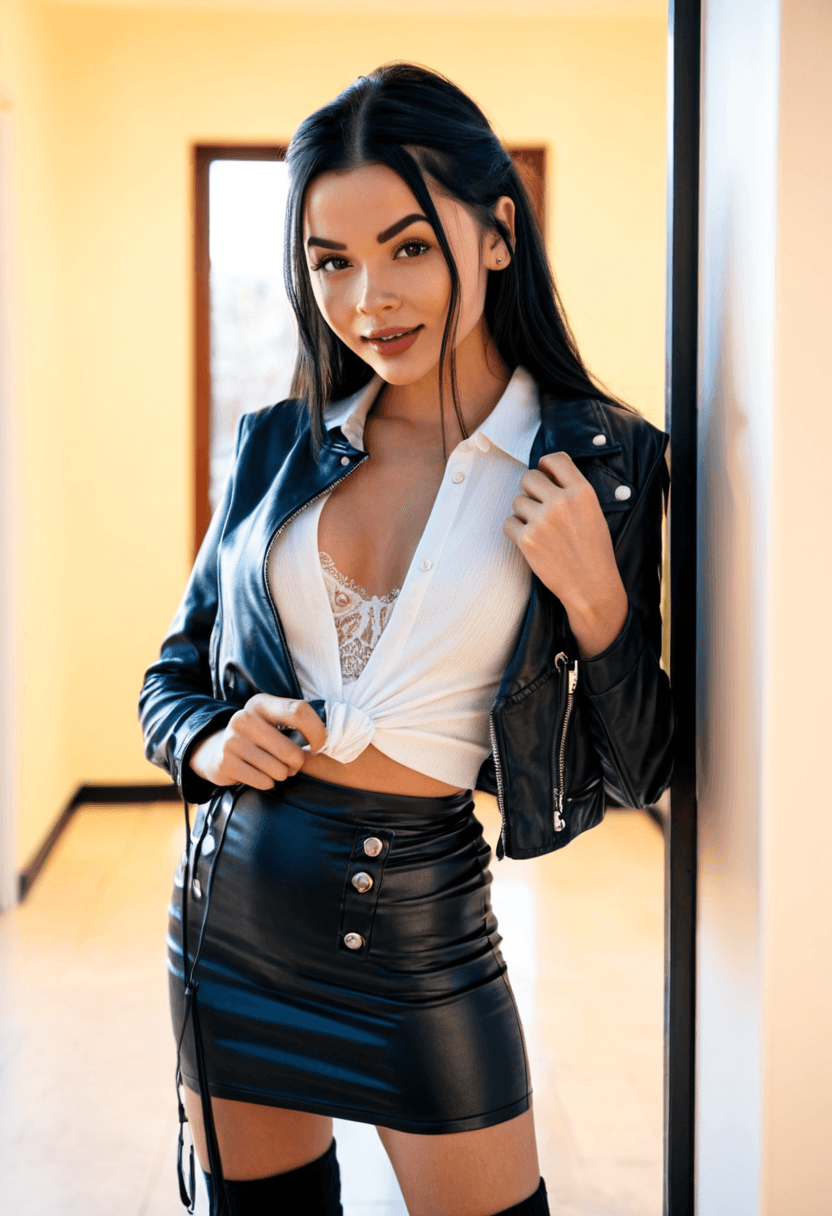 realistic selfie of a woman standing in a hallway in front of a mirror, wearing leather jacket, a elegant white shirt, black skirt, and black tights. She wears black ankle boots with white wool socks peeking out. Her hair is tied in a ponytail. She holds a phone in one hand to take the picture, and a large black handbag hangs from her shoulder. Beige wall and door in the background, warm artificial indoor lighting, slight grain, mild blur, phone camera quality, casual composition, horizontal 16:9 aspect ratio, cozy everyday atmosphere.