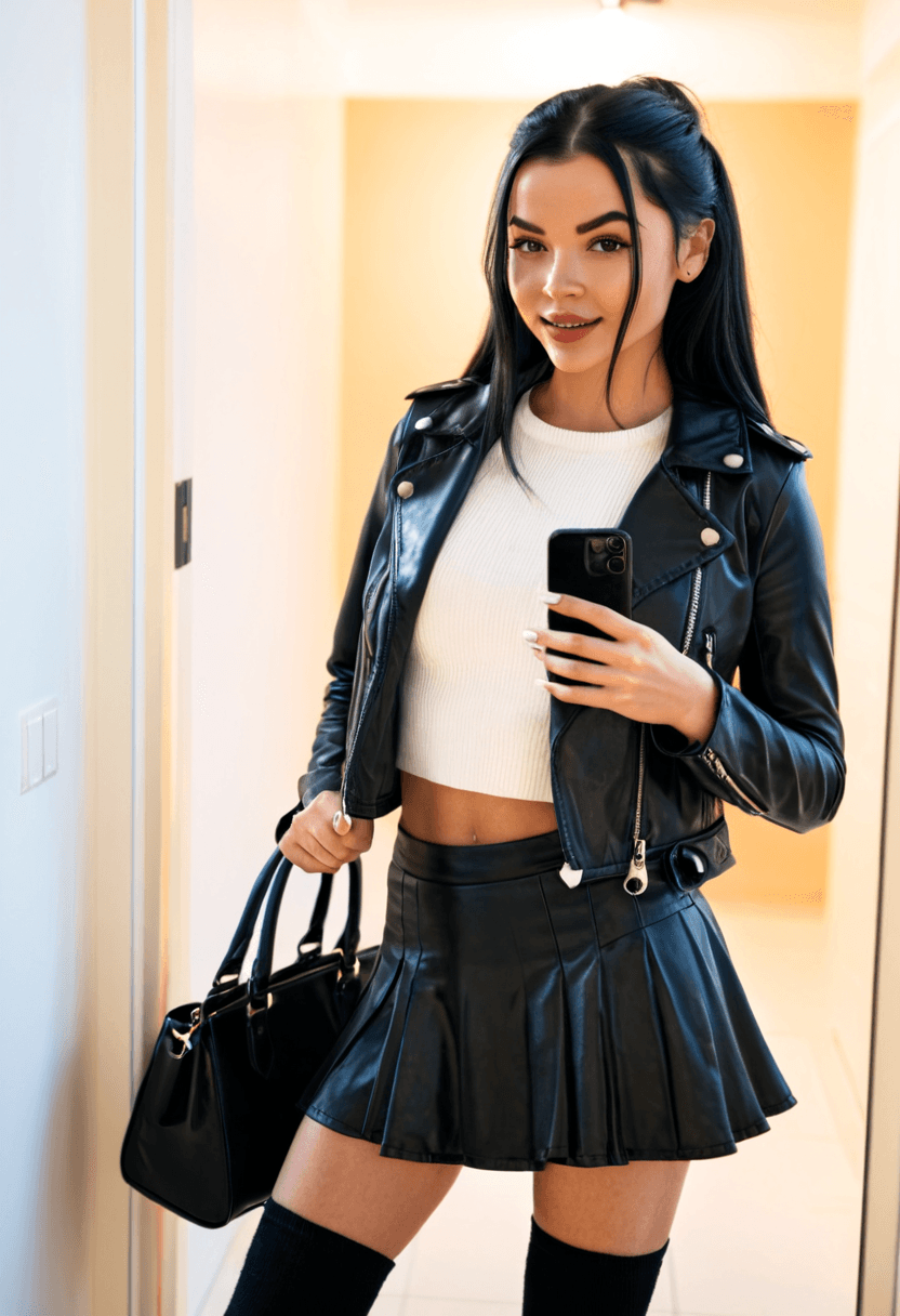 realistic selfie of a woman standing in a hallway in front of a mirror, wearing leather jacket, a elegant white shirt, black skirt, and black tights. She wears black ankle boots with white wool socks peeking out. Her hair is tied in a ponytail. She holds a phone in one hand to take the picture, and a large black handbag hangs from her shoulder. Beige wall and door in the background, warm artificial indoor lighting, slight grain, mild blur, phone camera quality, casual composition, horizontal 16:9 aspect ratio, cozy everyday atmosphere.