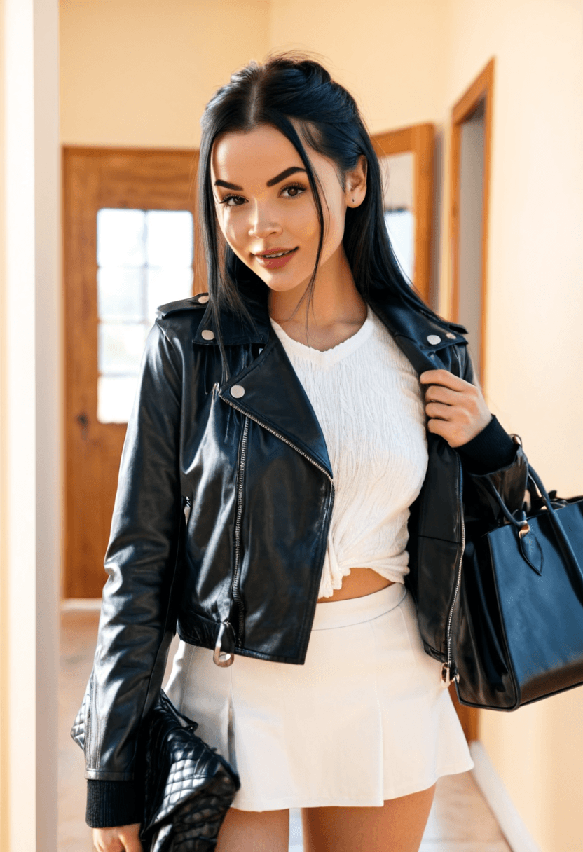 realistic selfie of a woman standing in a hallway in front of a mirror, wearing leather jacket, a elegant white shirt, black skirt, and black tights. She wears black ankle boots with white wool socks peeking out. Her hair is tied in a ponytail. She holds a phone in one hand to take the picture, and a large black handbag hangs from her shoulder. Beige wall and door in the background, warm artificial indoor lighting, slight grain, mild blur, phone camera quality, casual composition, horizontal 16:9 aspect ratio, cozy everyday atmosphere.