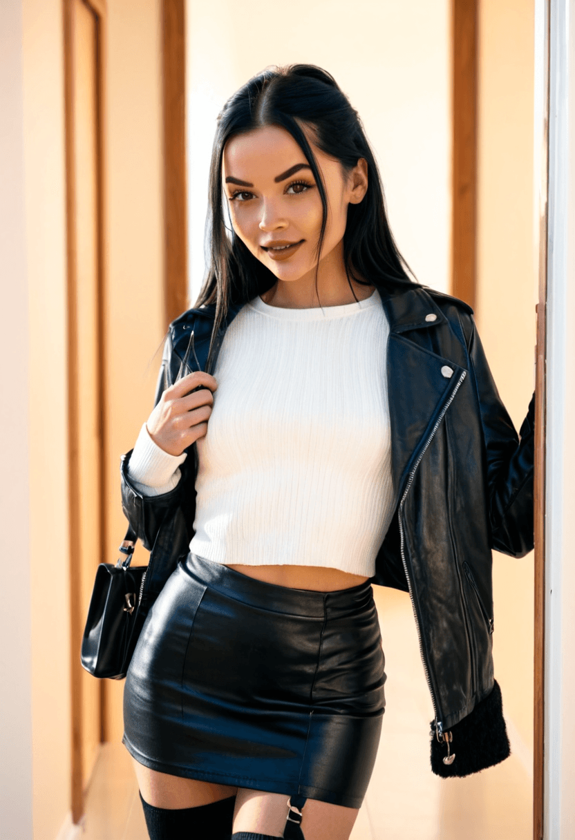 realistic selfie of a woman standing in a hallway in front of a mirror, wearing leather jacket, a elegant white shirt, black skirt, and black tights. She wears black ankle boots with white wool socks peeking out. Her hair is tied in a ponytail. She holds a phone in one hand to take the picture, and a large black handbag hangs from her shoulder. Beige wall and door in the background, warm artificial indoor lighting, slight grain, mild blur, phone camera quality, casual composition, horizontal 16:9 aspect ratio, cozy everyday atmosphere.