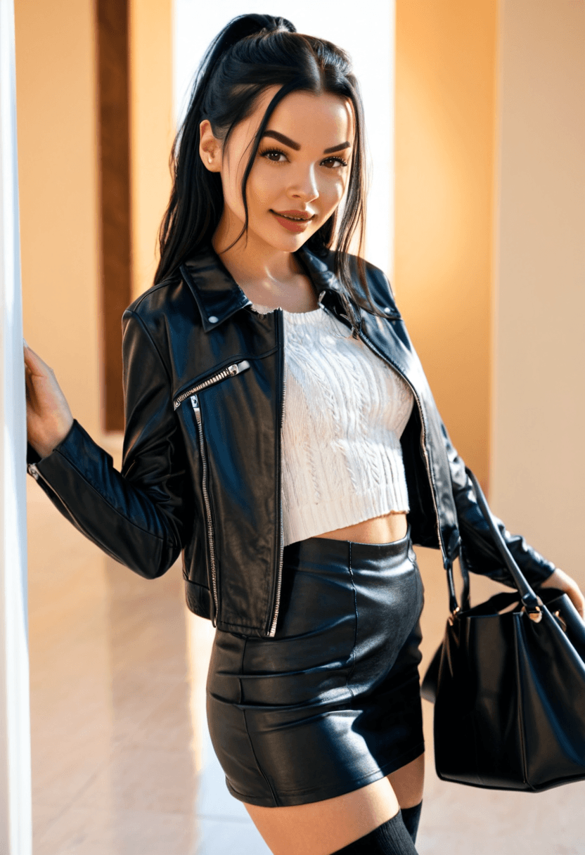 realistic selfie of a woman standing in a hallway in front of a mirror, wearing leather jacket, a elegant white shirt, black skirt, and black tights. She wears black ankle boots with white wool socks peeking out. Her hair is tied in a ponytail. She holds a phone in one hand to take the picture, and a large black handbag hangs from her shoulder. Beige wall and door in the background, warm artificial indoor lighting, slight grain, mild blur, phone camera quality, casual composition, horizontal 16:9 aspect ratio, cozy everyday atmosphere.