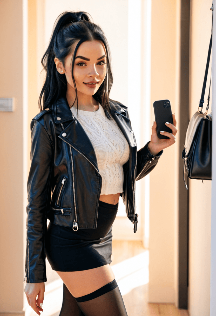 realistic selfie of a woman standing in a hallway in front of a mirror, wearing leather jacket, a elegant white shirt, elegant black skirt, and black tights. She wears black ankle boots with white wool socks peeking out. Her hair is tied in a ponytail. She holds a phone in one hand to take the picture, and a large black handbag hangs from her shoulder. Beige wall and door in the background, warm artificial indoor lighting, slight grain, mild blur, phone camera quality, casual composition, horizontal 16:9 aspect ratio, cozy everyday atmosphere.