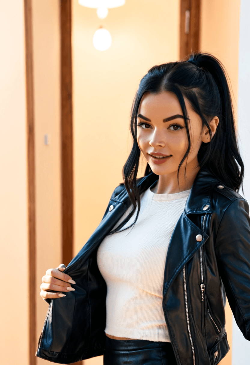 realistic selfie of a woman standing in a hallway in front of a mirror, wearing leather jacket, a elegant white shirt, elegant black skirt, and black tights. She wears black ankle boots with white wool socks peeking out. Her hair is tied in a ponytail. She holds a phone in one hand to take the picture, and a large black handbag hangs from her shoulder. Beige wall and door in the background, warm artificial indoor lighting, slight grain, mild blur, phone camera quality, casual composition, horizontal 16:9 aspect ratio, cozy everyday atmosphere.