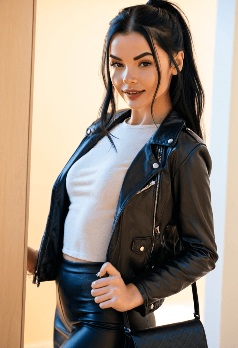 realistic selfie of a woman standing in a hallway in front of a mirror, wearing leather jacket, a elegant white shirt, elegant black skirt, and black tights. She wears black ankle boots with white wool socks peeking out. Her hair is tied in a ponytail. She holds a phone in one hand to take the picture, and a large black handbag hangs from her shoulder. Beige wall and door in the background, warm artificial indoor lighting, slight grain, mild blur, phone camera quality, casual composition, horizontal 16:9 aspect ratio, cozy everyday atmosphere.