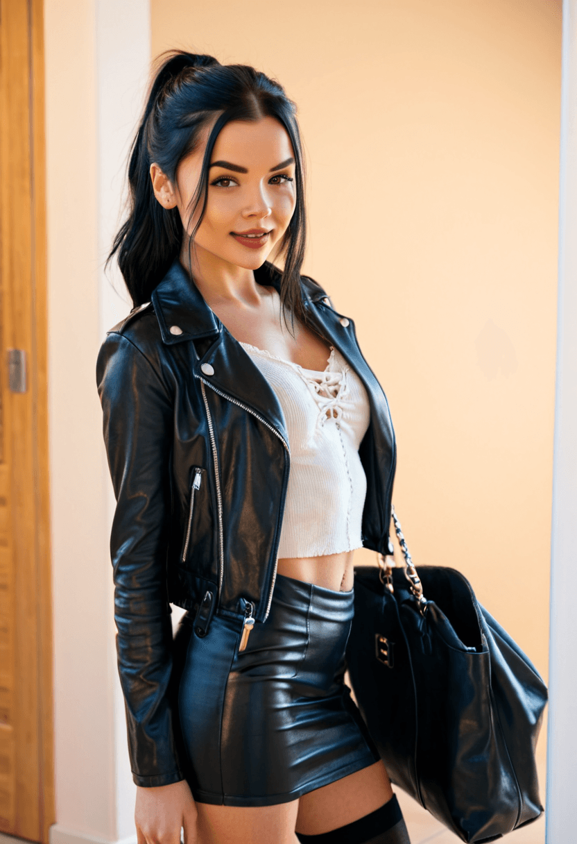 realistic selfie of a woman standing in a hallway in front of a mirror, wearing leather jacket, a elegant white shirt, elegant black skirt, and black tights. She wears black ankle boots with white wool socks peeking out. Her hair is tied in a ponytail. She holds a phone in one hand to take the picture, and a large black handbag hangs from her shoulder. Beige wall and door in the background, warm artificial indoor lighting, slight grain, mild blur, phone camera quality, casual composition, horizontal 16:9 aspect ratio, cozy everyday atmosphere.