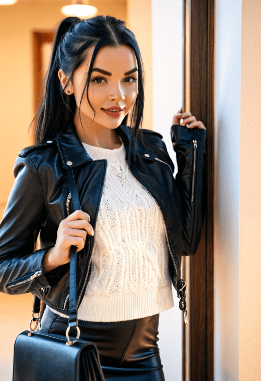 realistic selfie of a woman standing in a hallway in front of a mirror, wearing leather jacket, a elegant white shirt, elegant black skirt, and black tights. She wears black ankle boots with white wool socks peeking out. Her hair is tied in a ponytail. She holds a phone in one hand to take the picture, and a large black handbag hangs from her shoulder. Beige wall and door in the background. Warm artificial indoor lighting, slight grain, mild blur, phone camera quality, casual composition, horizontal 16:9 aspect ratio, cozy everyday atmosphere.