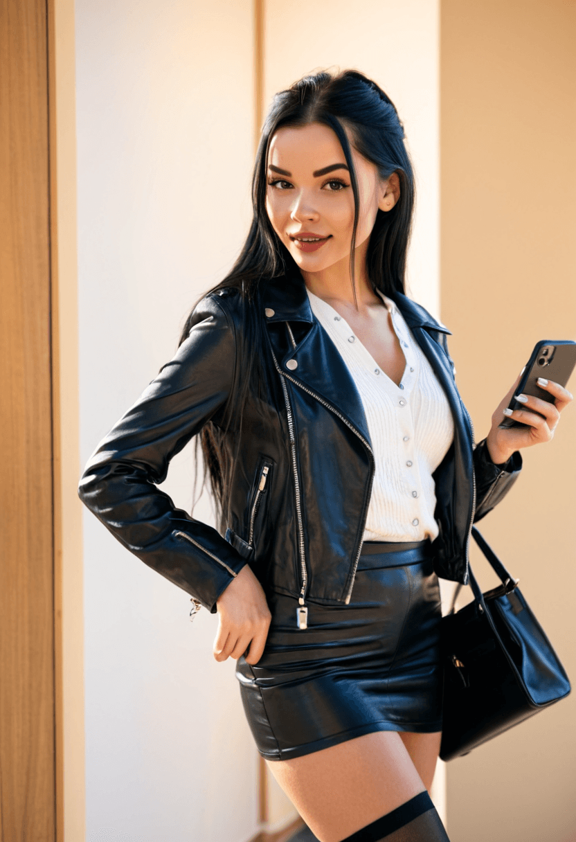 realistic selfie of a woman standing in a hallway in front of a mirror, wearing leather jacket, a elegant white shirt, elegant black skirt, and black tights. She wears black ankle boots with white wool socks peeking out. Her hair is tied in a ponytail. She holds a phone in one hand to take the picture, and a large black handbag hangs from her shoulder. Beige wall and door in the background. Warm artificial indoor lighting, slight grain, mild blur, phone camera quality, casual composition, horizontal 16:9 aspect ratio, cozy everyday atmosphere.