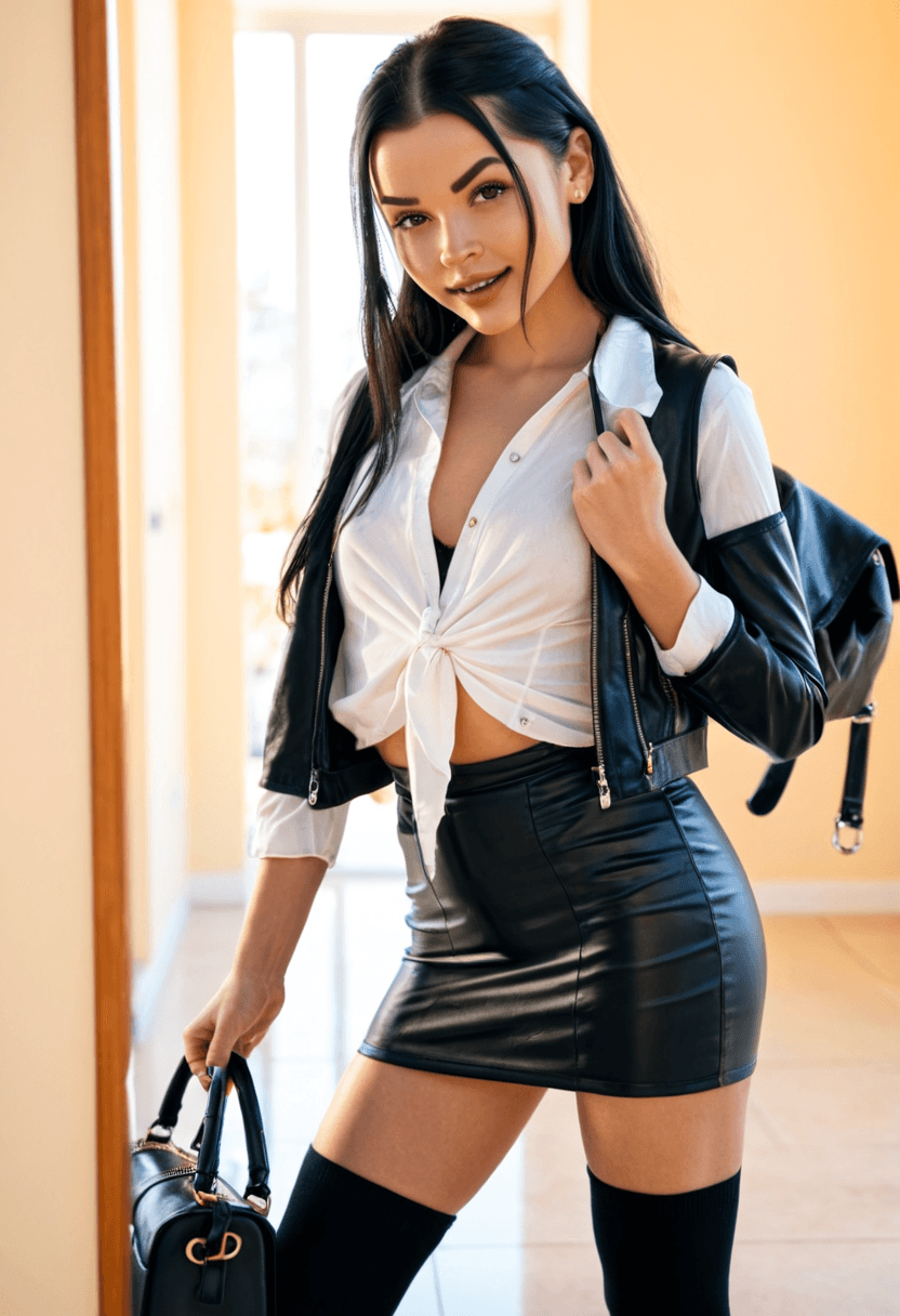 realistic selfie of a woman standing in a hallway in front of a mirror, wearing leather jacket, a elegant white shirt, elegant black skirt, and black tights. She wears black ankle boots with white wool socks peeking out. Her hair is tied in a ponytail. She holds a phone in one hand to take the picture, and a large black handbag hangs from her shoulder. Beige wall and door in the background. Warm artificial indoor lighting, slight grain, mild blur, phone camera quality, casual composition, horizontal 16:9 aspect ratio, cozy everyday atmosphere.