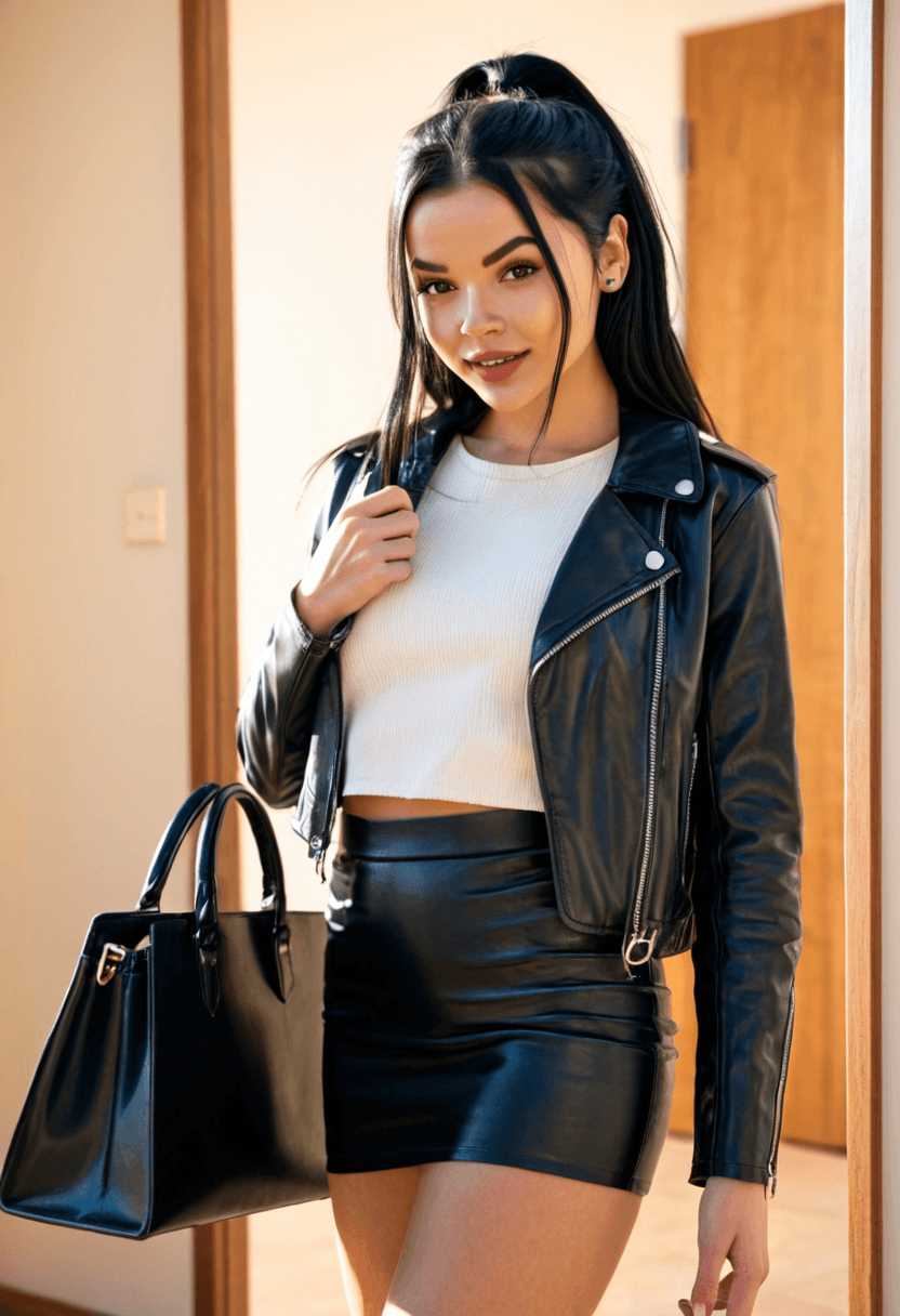 realistic selfie of a woman standing in a hallway in front of a mirror and her back to the beige wall, wearing leather jacket, a elegant modest white shirt, elegant black skirt, and black tights. She wears black ankle boots with white wool socks peeking out. Her hair is tied in a ponytail. She holds a phone in one hand to take the picture, and a large black handbag hangs from her shoulder. Beige wall and door in the background. Warm artificial indoor lighting, slight grain, mild blur, phone camera quality, casual composition, horizontal 16:9 aspect ratio, cozy everyday atmosphere.