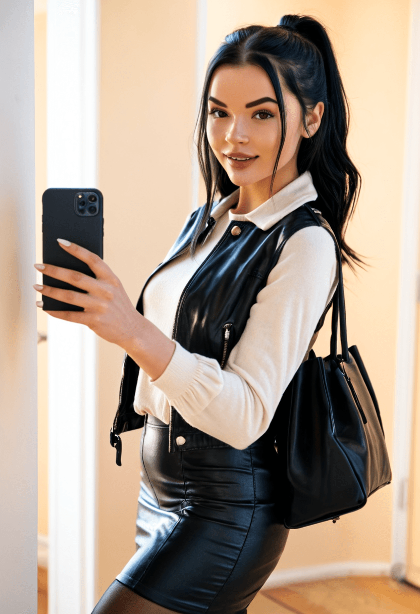 realistic selfie of a woman standing in a hallway in front of a mirror and her back to the beige wall, wearing leather jacket, a elegant modest white shirt, elegant black skirt, and black tights. She wears black ankle boots with white wool socks peeking out. Her hair is tied in a ponytail. She holds a phone in one hand to take the picture, and a large black handbag hangs from her shoulder. Beige wall and door in the background. Warm artificial indoor lighting, slight grain, mild blur, phone camera quality, casual composition, horizontal 16:9 aspect ratio, cozy everyday atmosphere.