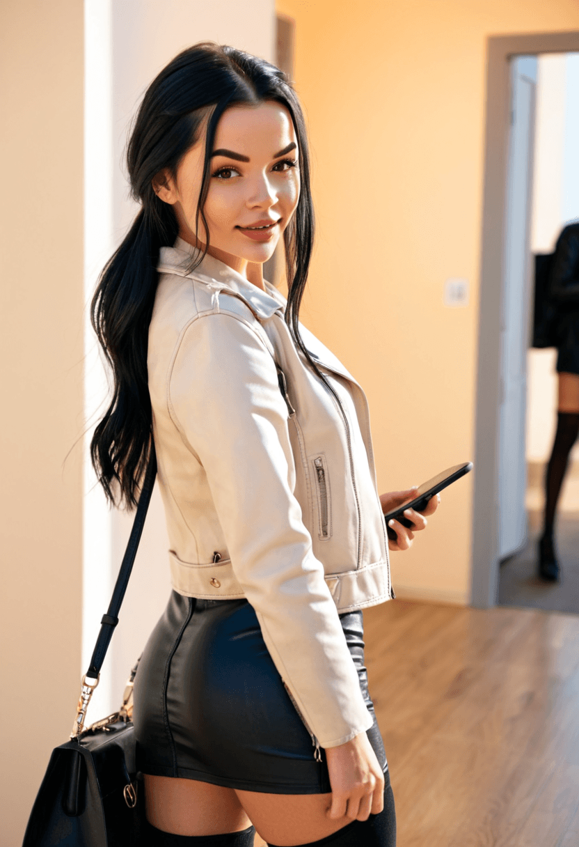 realistic selfie of a woman standing in a hallway in front of a mirror and her back to the beige wall, wearing leather jacket, a elegant modest white shirt, elegant black skirt, and black tights. She wears black ankle boots with white wool socks peeking out. Her hair is tied in a ponytail. She holds a phone in one hand to take the picture, and a large black handbag hangs from her shoulder. Beige wall and door in the background. Warm artificial indoor lighting, slight grain, mild blur, phone camera quality, casual composition, horizontal 16:9 aspect ratio, cozy everyday atmosphere.