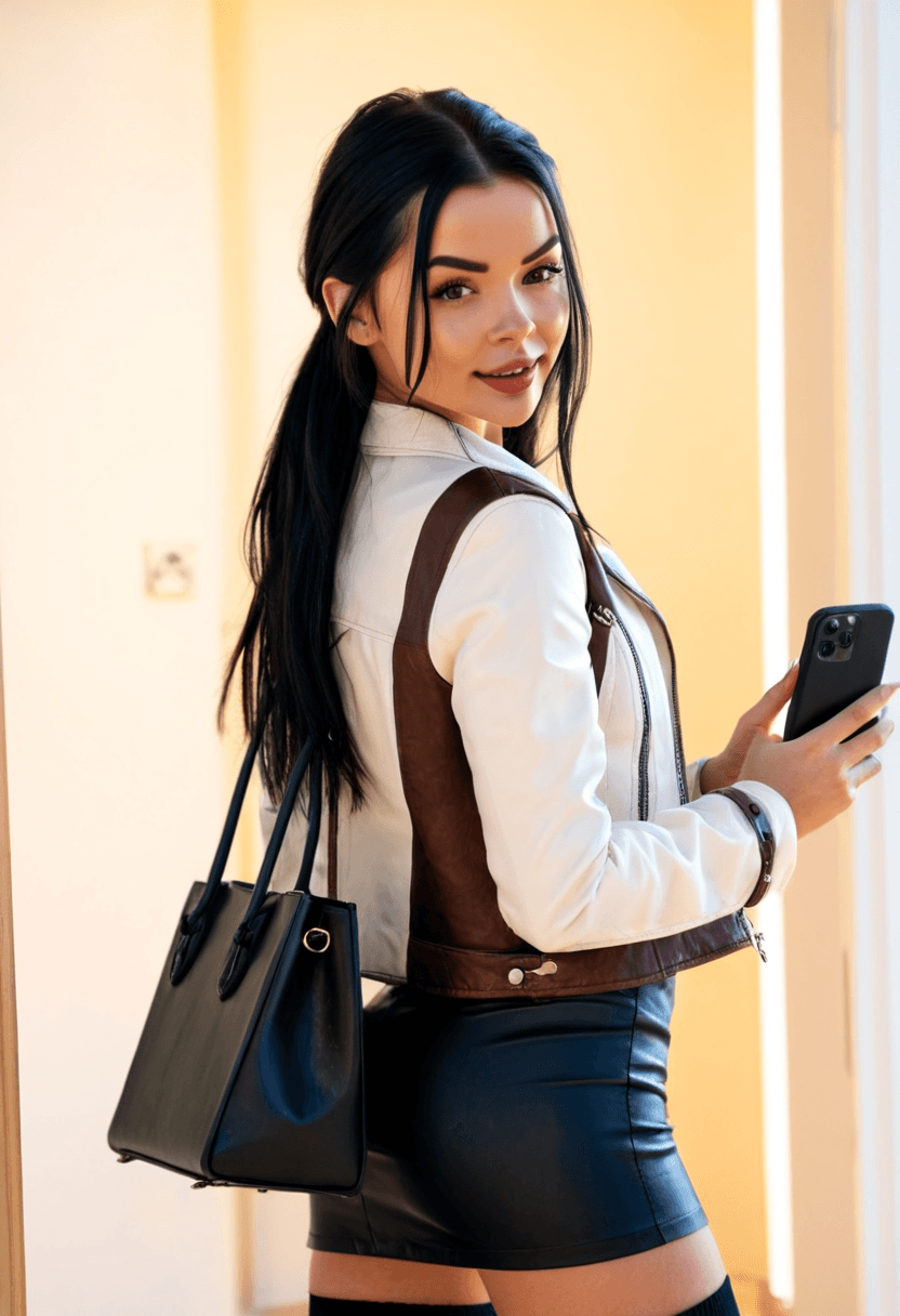 realistic selfie of a woman standing in a hallway in front of a mirror and her back to the beige wall, wearing leather jacket, a elegant modest white shirt, elegant black skirt, and black tights. She wears black ankle boots with white wool socks peeking out. Her hair is tied in a ponytail. She holds a phone in one hand in front of her to take the picture, and a large black handbag hangs from her shoulder. Beige wall and door in the background. Warm artificial indoor lighting, slight grain, mild blur, phone camera quality, casual composition, horizontal 16:9 aspect ratio, cozy everyday atmosphere.