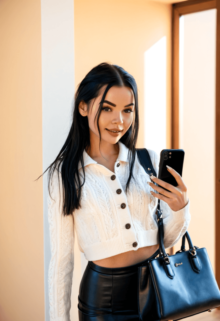 realistic selfie of a woman standing in a hallway in front of a mirror and her back to the beige wall, wearing leather jacket, a elegant modest white shirt, elegant black skirt, and black tights. She wears black ankle boots with white wool socks peeking out. Her hair is tied in a ponytail. She holds a phone in one hand in front of her to take the picture, and a large black handbag hangs from her shoulder. Beige wall and door in the background. Warm artificial indoor lighting, slight grain, mild blur, phone camera quality, casual composition, horizontal 16:9 aspect ratio, cozy everyday atmosphere.