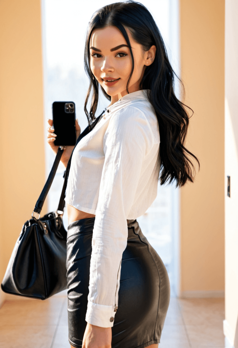 realistic selfie of a woman standing in a hallway in front of a mirror and her back to the beige wall, wearing leather jacket, a elegant modest white shirt, elegant black skirt, and black tights. She wears black ankle boots with white wool socks peeking out. Her hair is tied in a ponytail. She holds a phone in one hand in front of her to take the picture, and a large black handbag hangs from her shoulder. Beige wall in the background. Warm artificial indoor lighting, slight grain, mild blur, phone camera quality, casual composition, horizontal 16:9 aspect ratio, cozy everyday atmosphere.