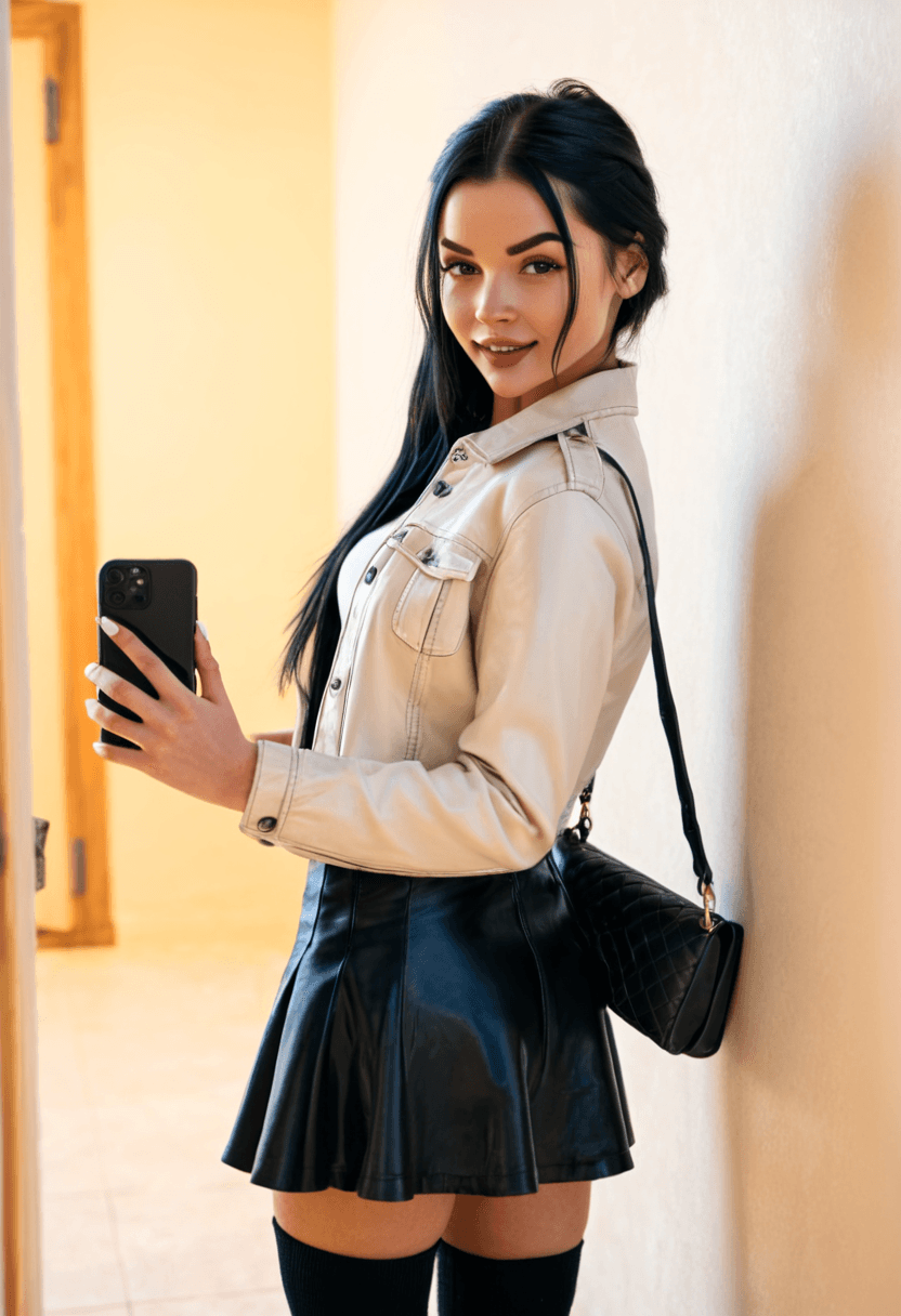 realistic selfie of a woman standing in a hallway in front of a mirror and her back to the beige wall, wearing leather jacket, a elegant modest white shirt, elegant black skirt, and black tights. She wears black ankle boots with white wool socks peeking out. Her hair is tied in a ponytail. She holds a phone in one hand in front of her to take the picture, and a large black handbag hangs from her shoulder. Beige wall in the background. Warm artificial indoor lighting, slight grain, mild blur, phone camera quality, casual composition, horizontal 16:9 aspect ratio, cozy everyday atmosphere.