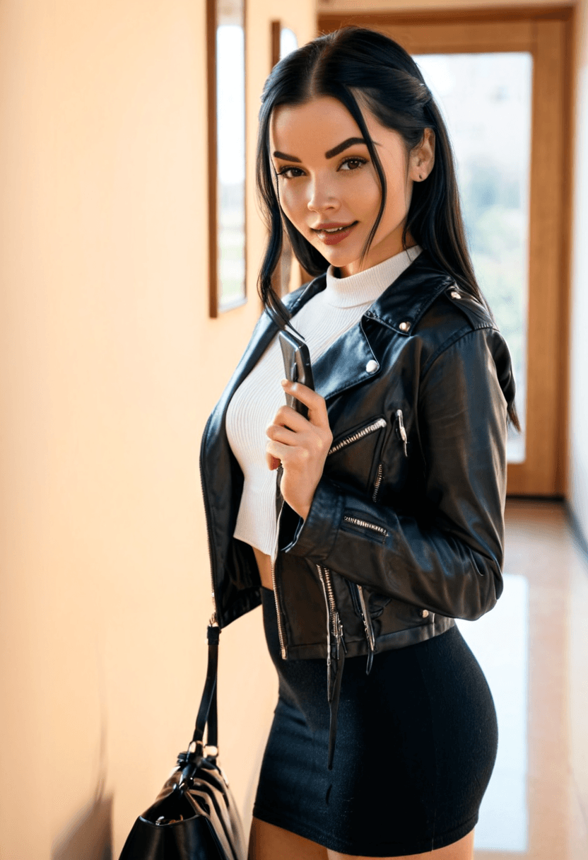 realistic selfie of a woman standing in a hallway in front of a mirror and her back to the beige wall, wearing leather jacket, a elegant modest white shirt, elegant black skirt, and black tights. She wears black ankle boots with white wool socks peeking out. Her hair is tied in a ponytail. She holds a phone in one hand in front of her to take the picture, and a large black handbag hangs from her shoulder. Beige wall in the background. Warm artificial indoor lighting, slight grain, mild blur, phone camera quality, casual composition, horizontal 16:9 aspect ratio, cozy everyday atmosphere.