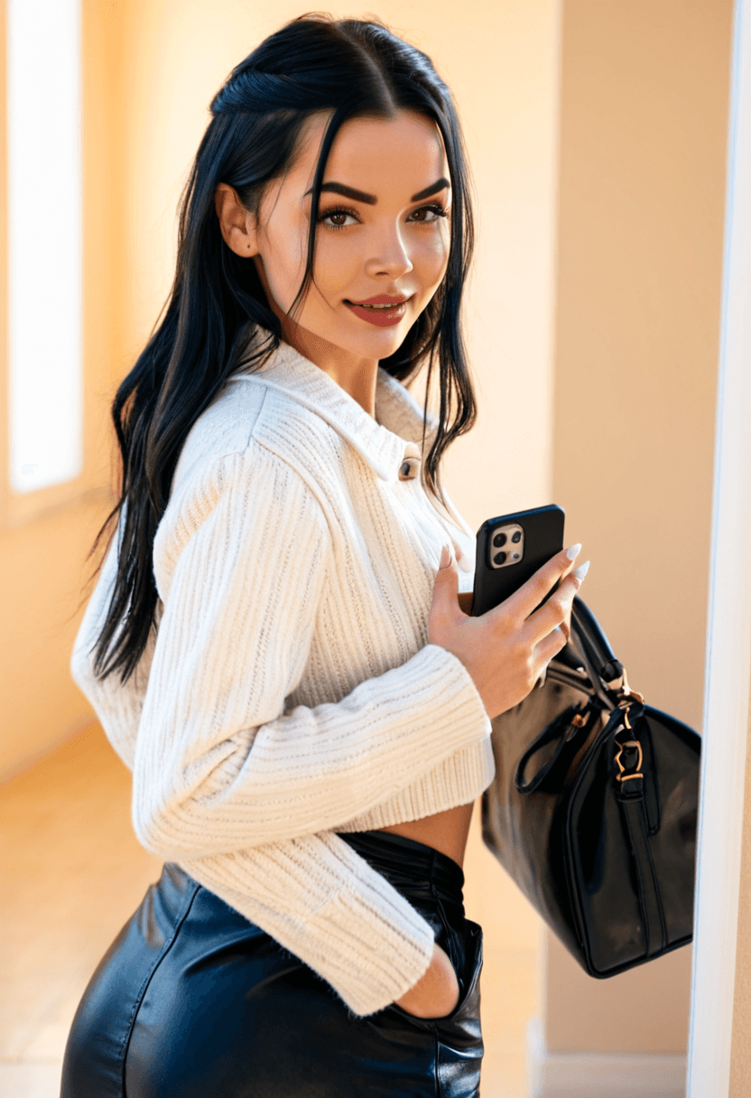 realistic selfie of a woman standing in a hallway in front of a mirror and her back to the beige wall, wearing leather jacket, a elegant modest white shirt, elegant black skirt, and black tights. She wears black ankle boots with white wool socks peeking out. Her hair is tied in a ponytail. She holds a phone in one hand in front of her to take the picture, and a large black handbag hangs from her shoulder. Beige wall in the background. Warm artificial indoor lighting, slight grain, mild blur, phone camera quality, casual composition, horizontal 16:9 aspect ratio, cozy everyday atmosphere.