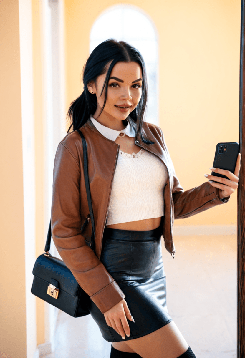 realistic selfie of a woman standing in a hallway in front of a mirror and her back to the beige wall, wearing leather jacket, a elegant modest white shirt, elegant black skirt, and black tights. She wears black ankle boots with white wool socks peeking out. Her hair is tied in a ponytail. She holds a phone in one hand in front of her to take the picture, and a large black handbag hangs from her shoulder. In the background full beige wall. Warm artificial indoor lighting, slight grain, mild blur, phone camera quality, casual composition, horizontal 16:9 aspect ratio, cozy everyday atmosphere.
