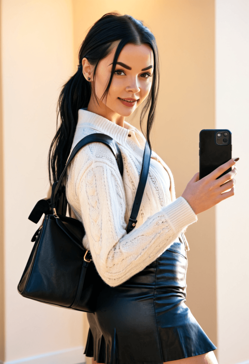 realistic selfie of a woman standing in a hallway in front of a mirror and her back to the beige wall, wearing leather jacket, a elegant modest white shirt, elegant black skirt, and black tights. She wears black ankle boots with white wool socks peeking out. Her hair is tied in a ponytail. She holds a phone in one hand in front of her to take the picture, and a large black handbag hangs from her shoulder. In the background full beige wall. Warm artificial indoor lighting, slight grain, mild blur, phone camera quality, casual composition, horizontal 16:9 aspect ratio, cozy everyday atmosphere.