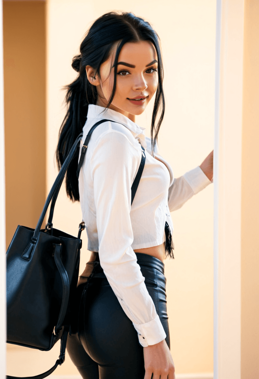 realistic selfie of a woman standing in a hallway in front of a mirror and her back to the beige wall, wearing leather jacket, a elegant modest white shirt, elegant black skirt, and black tights. She wears black ankle boots with white wool socks peeking out. Her hair is tied in a ponytail. She holds a phone in one hand in front of her to take the picture, and a large black handbag hangs from her shoulder. In the background full beige wall. Warm artificial indoor lighting, slight grain, mild blur, phone camera quality, casual composition, horizontal 16:9 aspect ratio, cozy everyday atmosphere.