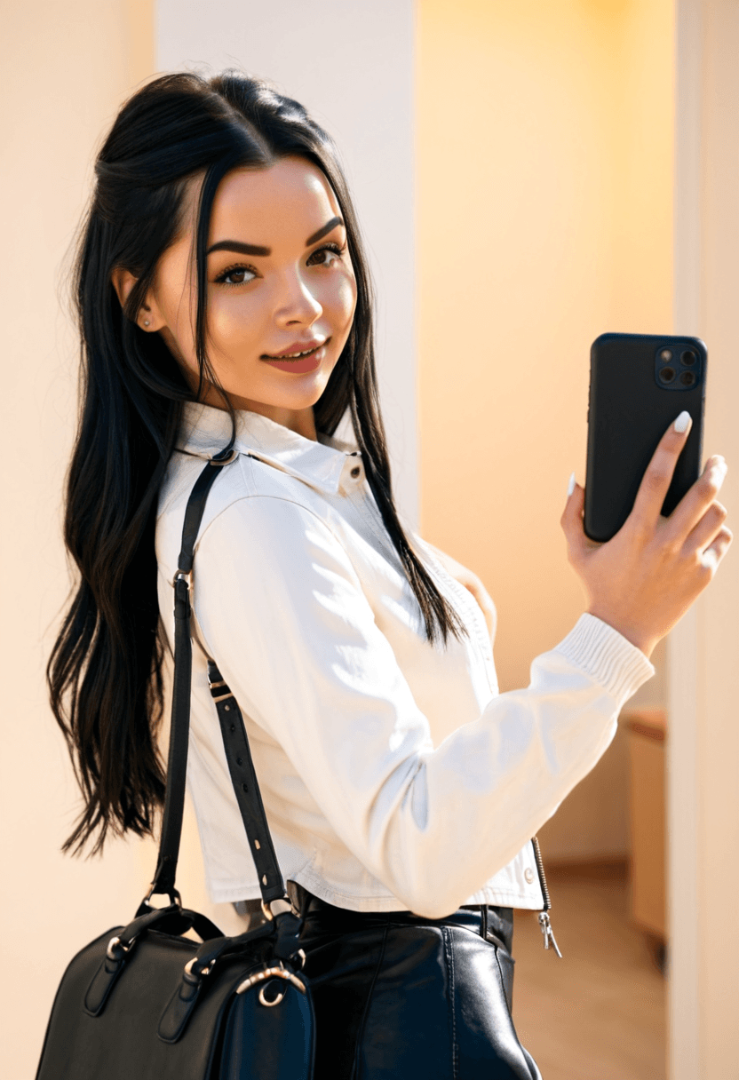 realistic selfie of a woman standing in a hallway in front of a mirror and her back to the beige wall, wearing leather jacket, a elegant modest white shirt, elegant black skirt, and black tights. She wears black ankle boots with white wool socks peeking out. Her hair is tied in a ponytail. She holds a phone in one hand in front of her to take the picture, and a large black handbag hangs from her shoulder. In the background full beige wall. Warm artificial indoor lighting, slight grain, mild blur, phone camera quality, casual composition, horizontal 16:9 aspect ratio, cozy everyday atmosphere.