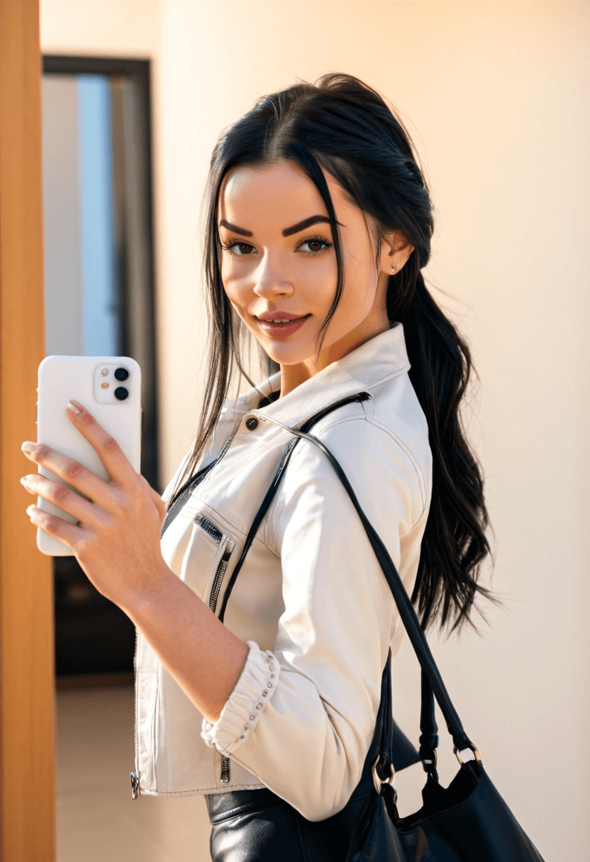 realistic selfie of a woman standing in a hallway in front of a mirror and her back to the beige wall, wearing leather jacket, a elegant modest white shirt, elegant black skirt, and black tights. She wears black ankle boots with white wool socks peeking out. Her hair is tied in a ponytail. She holds a phone in one hand in front of her to take the picture, and a large black handbag hangs from her shoulder. In the background full beige wall. Warm artificial indoor lighting, slight grain, mild blur, phone camera quality, casual composition, horizontal 16:9 aspect ratio, cozy everyday atmosphere.