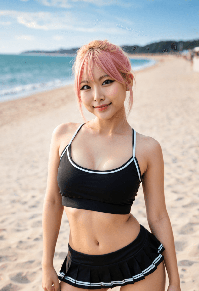 Wearing short black tennis skirt and a crop top shirt, portrait picture, looking at the viewer with a smile, wearing a stylish bikini on the beach
