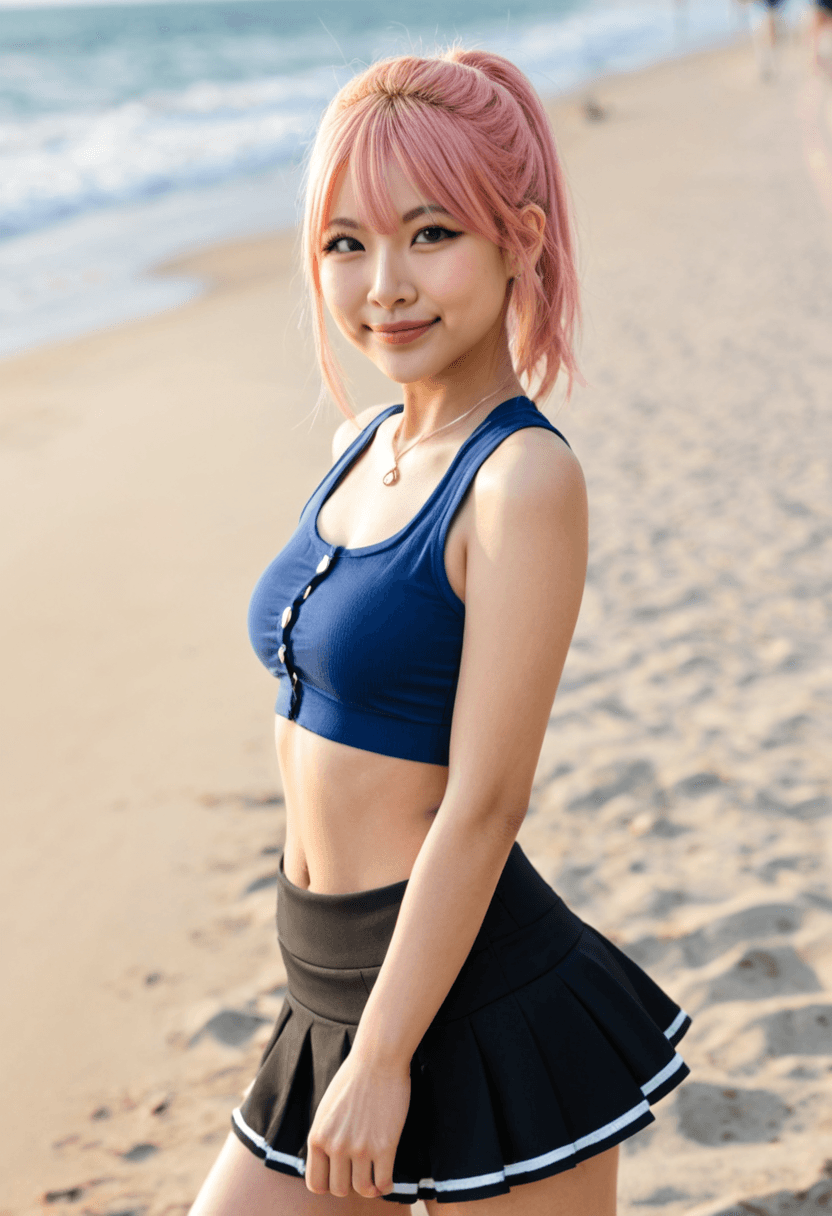 Wearing short black tennis skirt and a crop top shirt, portrait picture, looking at the viewer with a smile, wearing a stylish bikini on the beach