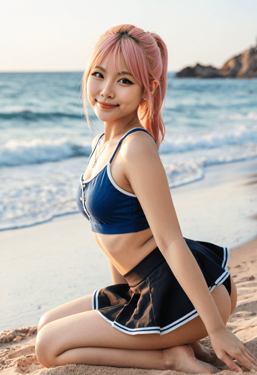 18-year-old asian woman, fit body, small breasts, medium butt, realistic style, full-body portrait on the beach, wearing short black tennis skirt and crop top shirt over stylish bikini, looking at viewer with a smile, detailed face, high resolution, photorealistic, natural lighting, sandy beach background, cyberrealistic sdxl, on a sunny beach with ocean waves, squatting position, athletic pose