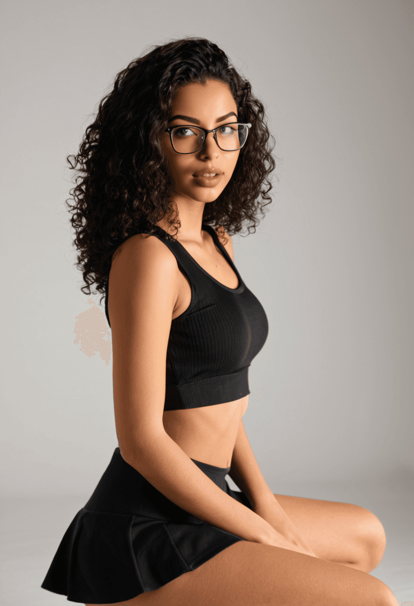 Wearing short black tennis skirt and a crop top shirt, portrait picture, looking at the viewer with a smile, wearing an elegant knee-length skirt, squatting position, athletic pose naked