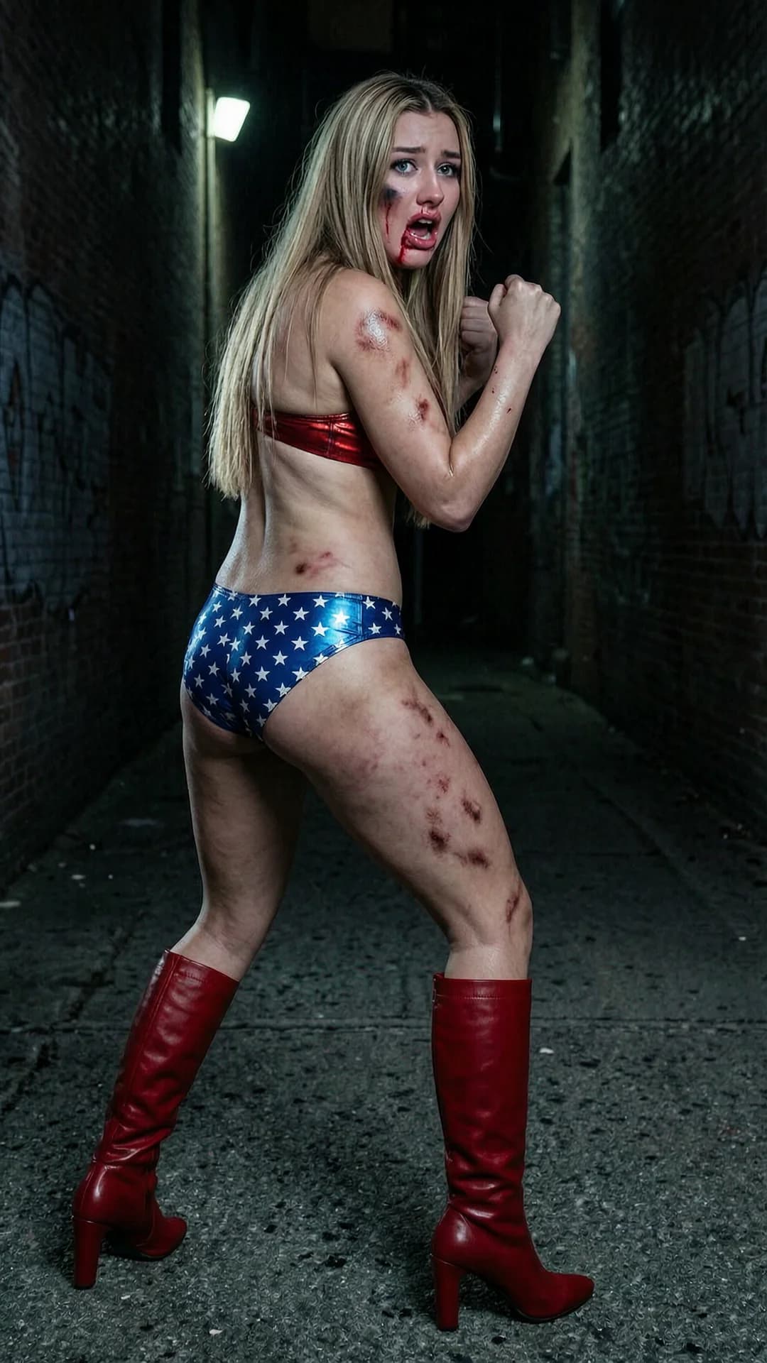 A 21-year-old skinny Caucasian woman with straight blonde hair and blue eyes, wearing a metallic red micro bikini top, metallic blue micro bikini bottoms with white stars, and red high-heeled boots, standing in a fighting stance with fists clenched and knees bent in a dark alley at night, full body rear view with her body twisted slightly as she glances back over her shoulder making direct terrified eye contact with wide blue eyes filled with tears, mouth open screaming in extreme fear, black eye visible, cut and bruised cheek, blood running from her nose and corner of her mouth, scrapes and bruises covering her pale skin, body tense with muscle strain and skin sheen from sweat, cinematic dramatic lighting with deep shadows, Flawless anatomy, no extra digits, no extra limbs, realistic skin texture, high-detail.