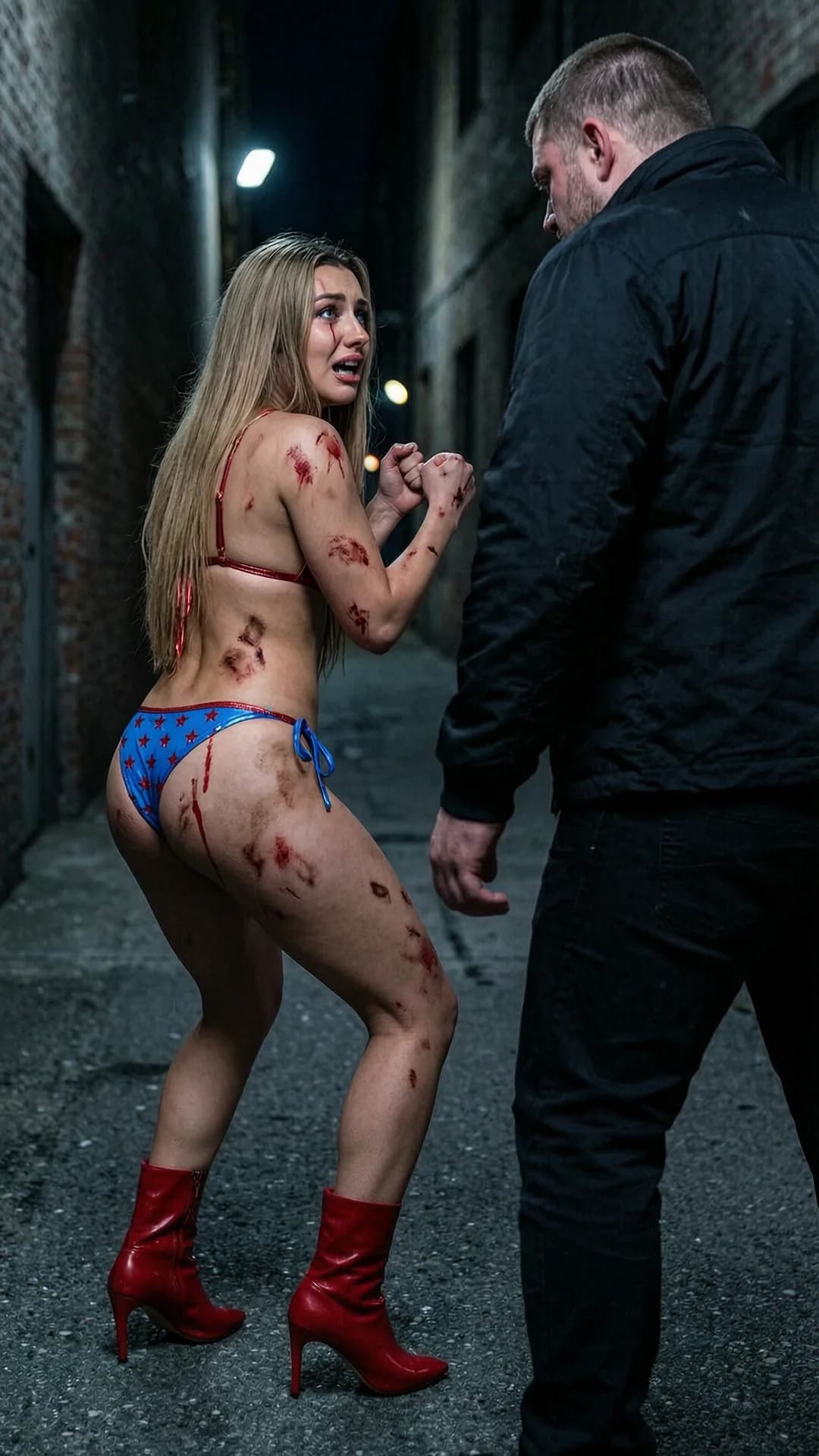 21-year-old Caucasian woman with straight blonde hair, blue eyes and skinny body type wearing a tiny string bikini top in metallic red, tiny g-string bikini bottoms in metallic blue with white stars and red high-heeled boots, standing in a tense fighting stance with fists clenched and knees bent in a dark alley at night, full body shot from the rear showing her back and rear view while facing a huge menacing thug, body covered in scrapes bruises and blood running down her skin with visible injuries on shoulders and legs, head turned slightly toward the thug revealing intense terrified eye contact with wide blue eyes full of fear tears streaming down her face mouth open screaming in panic, red high heels planted firmly on the ground, dim moody lighting casting long shadows, Flawless anatomy, no extra digits, no extra limbs, realistic skin texture, high-detail.