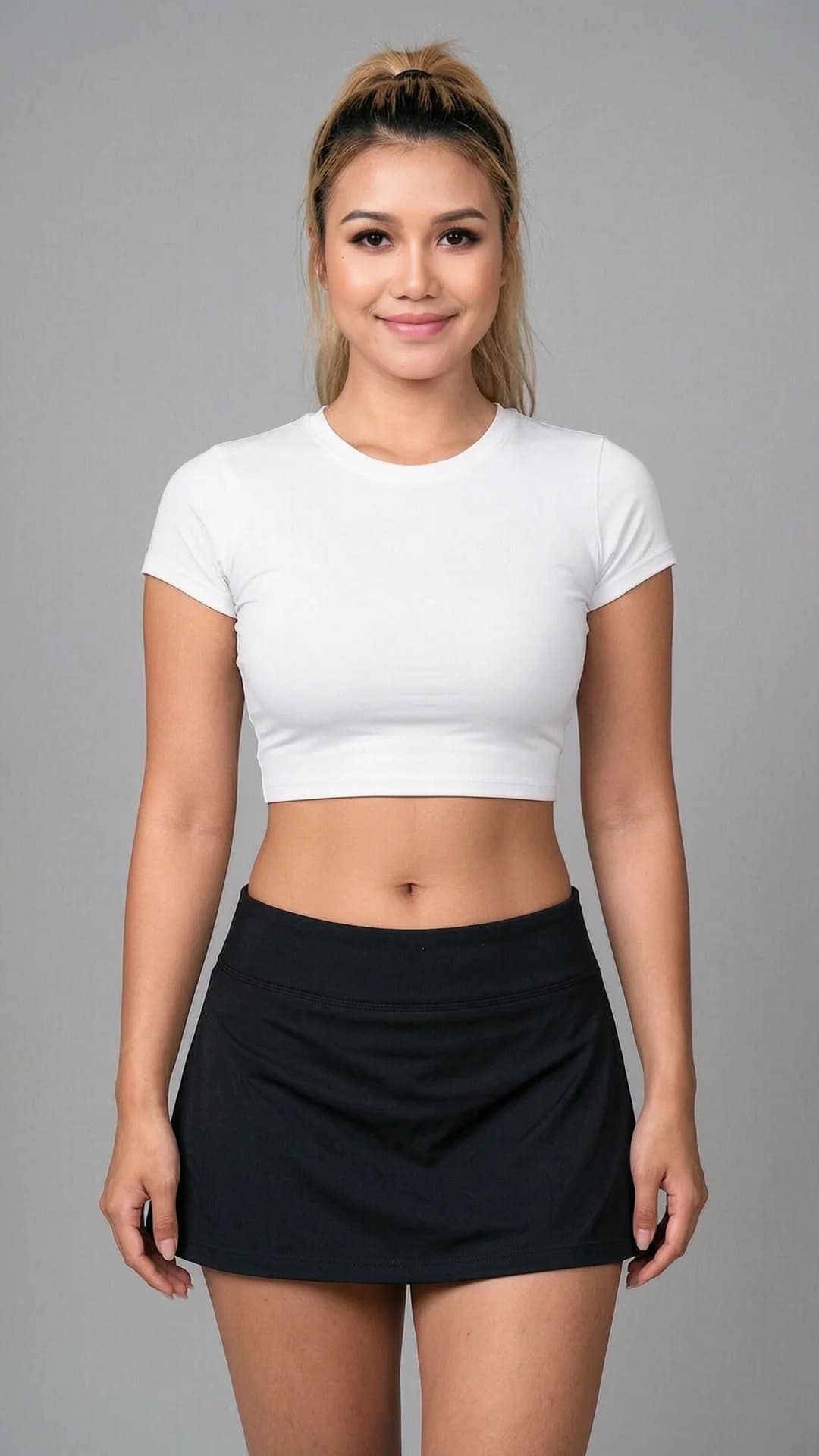 A 27-year-old Asian woman with a fit athletic body, blonde hair in a high ponytail, brown eyes, wearing a short black tennis skirt and a tight white crop top shirt that exposes her midriff, standing in a confident upright pose with shoulders back and hips slightly tilted, medium close-up portrait from direct front eye-level angle, direct eye contact with the viewer and a warm genuine smile with lips gently curved, soft natural lighting highlighting smooth skin and toned abs, simple neutral studio background, cheerful approachable mood, realistic style, Flawless anatomy, no extra digits, no extra limbs, realistic skin texture, high-detail.