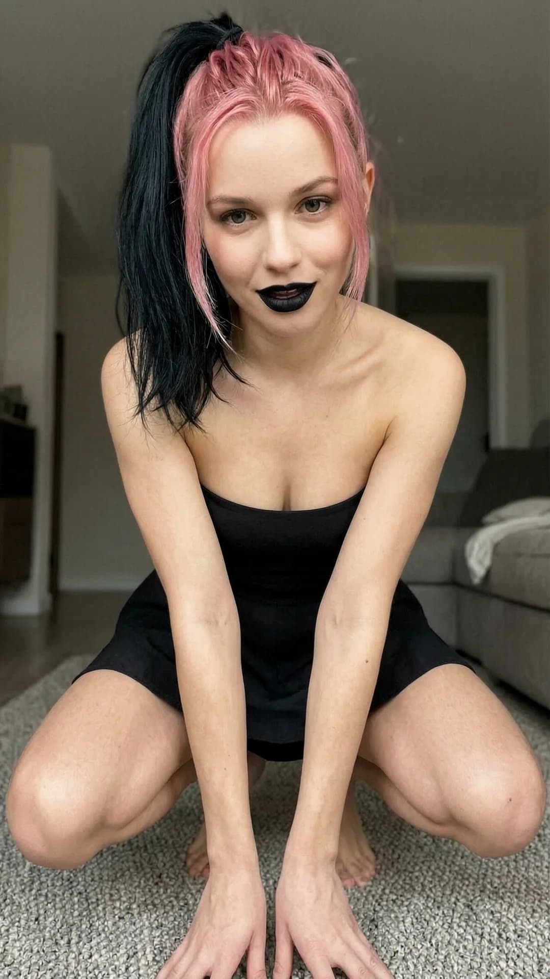 21-year-old Caucasian woman with pink hair dyed black in a loose ponytail, green eyes, skinny athletic build, wearing black lipstick and a tiny mini skirt with no top exposing her small perky breasts, squatting in an athletic wide-legged pose on the living room floor at home with knees bent deeply and torso leaning forward, captured in a medium close-up low-angle POV shot looking slightly upward, intense direct eye contact with seductive confidence and lips parted, natural indoor lighting casting soft shadows across her toned skin with subtle sheen, nsfw, Flawless anatomy, no extra digits, no extra limbs, realistic skin texture, high-detail.