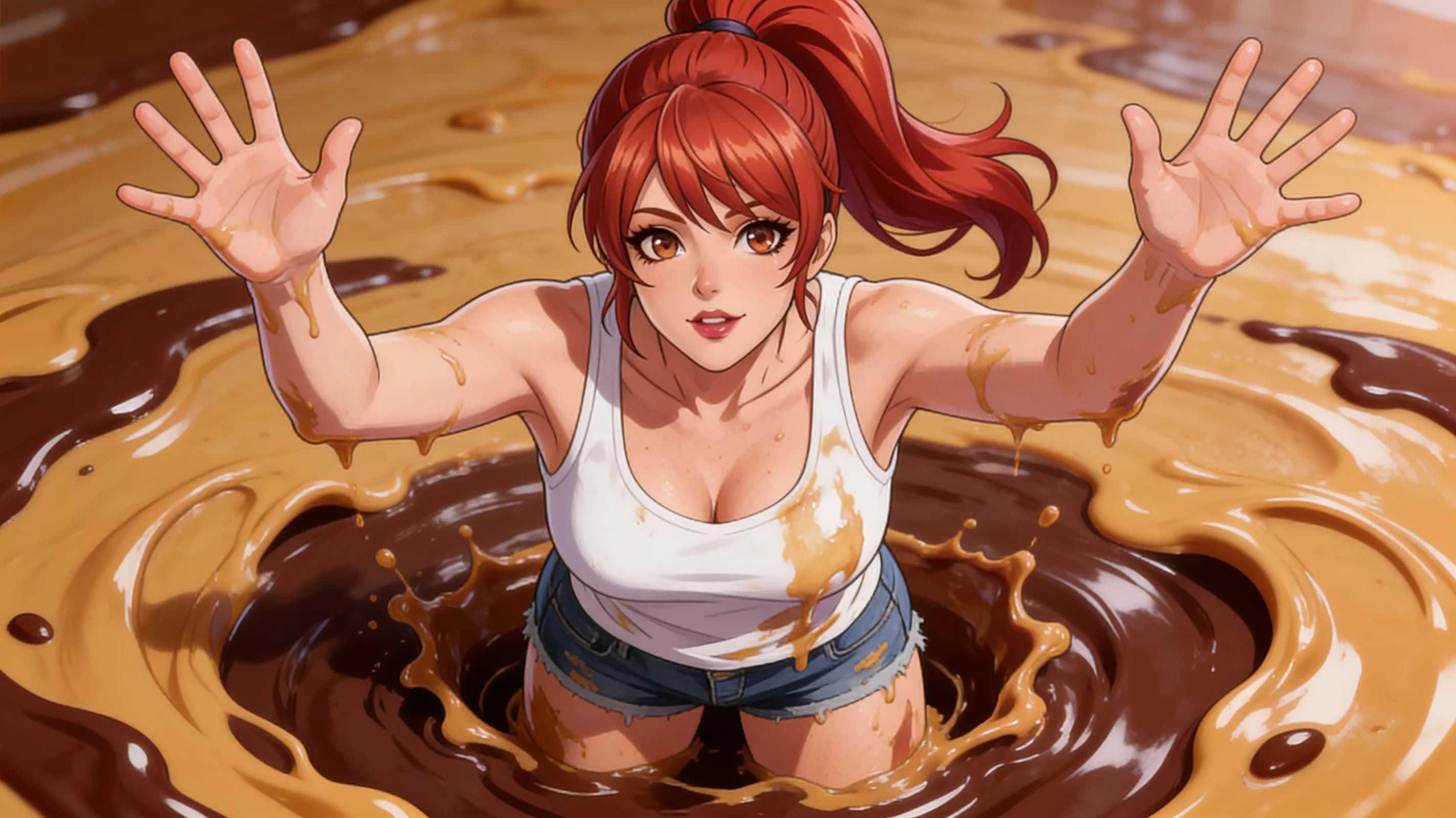 48-year-old Caucasian woman with red hair in a ponytail, brown eyes and average body type standing waist-deep in a thick gooey mixture of peanut butter and chocolate pudding, arms raised in anticipation of plunging deeper, wearing a casual white tank top and denim shorts now smeared and dripping with the sticky mess, direct eye contact with playful excitement and anticipation, lips slightly parted, vibrant atmospheric lighting highlighting the glossy sheen on her skin and clothing folds, medium close-up from front angle, anime style, high-quality illustration. Flawless anatomy, no extra digits, no extra limbs, detailed anime shading, high-quality illustration.