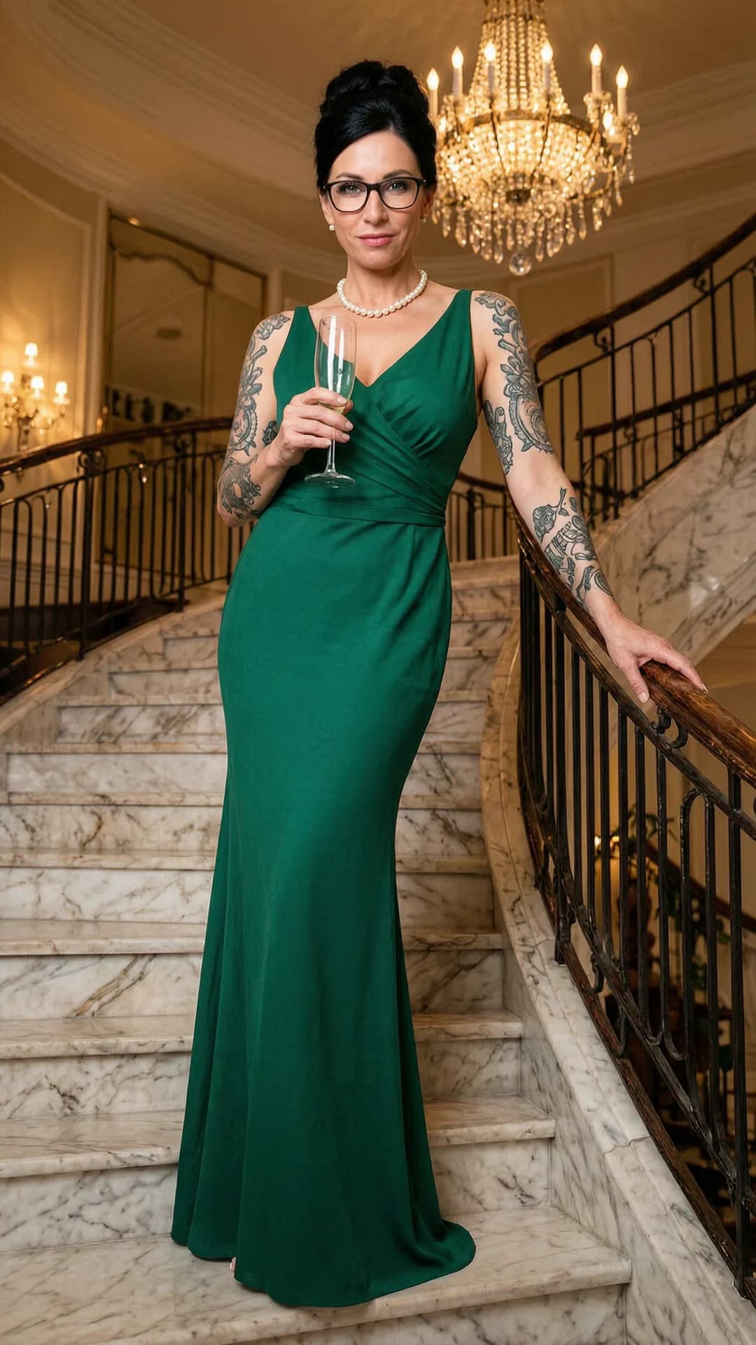 A 40-year-old Caucasian woman with a fit toned body, long black hair styled in an elegant updo, piercing green eyes behind stylish glasses, visible intricate tattoos on her shoulders and arms, standing confidently on a marble staircase at a luxury venue in a flowing emerald evening gown that hugs her curves, pearl jewelry accentuating her neckline, holding a champagne glass in one hand with the other resting on the banister, captured in a medium full-body shot from a low angle looking slightly upward, intense direct eye contact with the viewer conveying sophisticated confidence and subtle allure, lips gently parted, chandelier lighting casting glamorous highlights and soft shadows across the scene, fashion photography style, elegant posture with poised body positioning, Flawless anatomy, no extra digits, no extra limbs, realistic skin texture, high-detail.