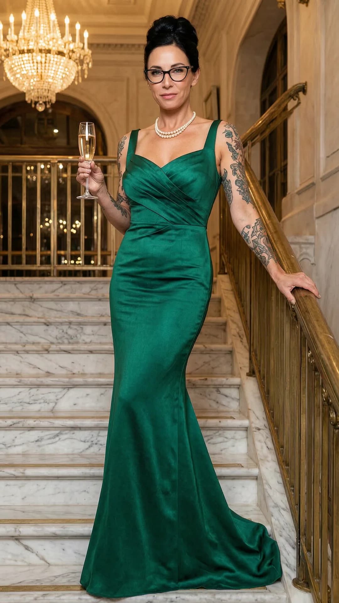 A 40-year-old Caucasian woman with a fit toned body, long black hair styled in an elegant updo, piercing green eyes behind stylish glasses, visible intricate tattoos on her shoulders and arms, standing confidently on a marble staircase at a luxury venue in a flowing emerald evening gown that hugs her curves, pearl jewelry accentuating her neckline, holding a champagne glass in one hand with the other resting on the banister, captured in a medium full-body shot from a low angle looking slightly upward, intense direct eye contact with the viewer conveying sophisticated confidence and subtle allure, lips gently parted, chandelier lighting casting glamorous highlights and soft shadows across the scene, fashion photography style, elegant posture with poised body positioning, Flawless anatomy, no extra digits, no extra limbs, realistic skin texture, high-detail.