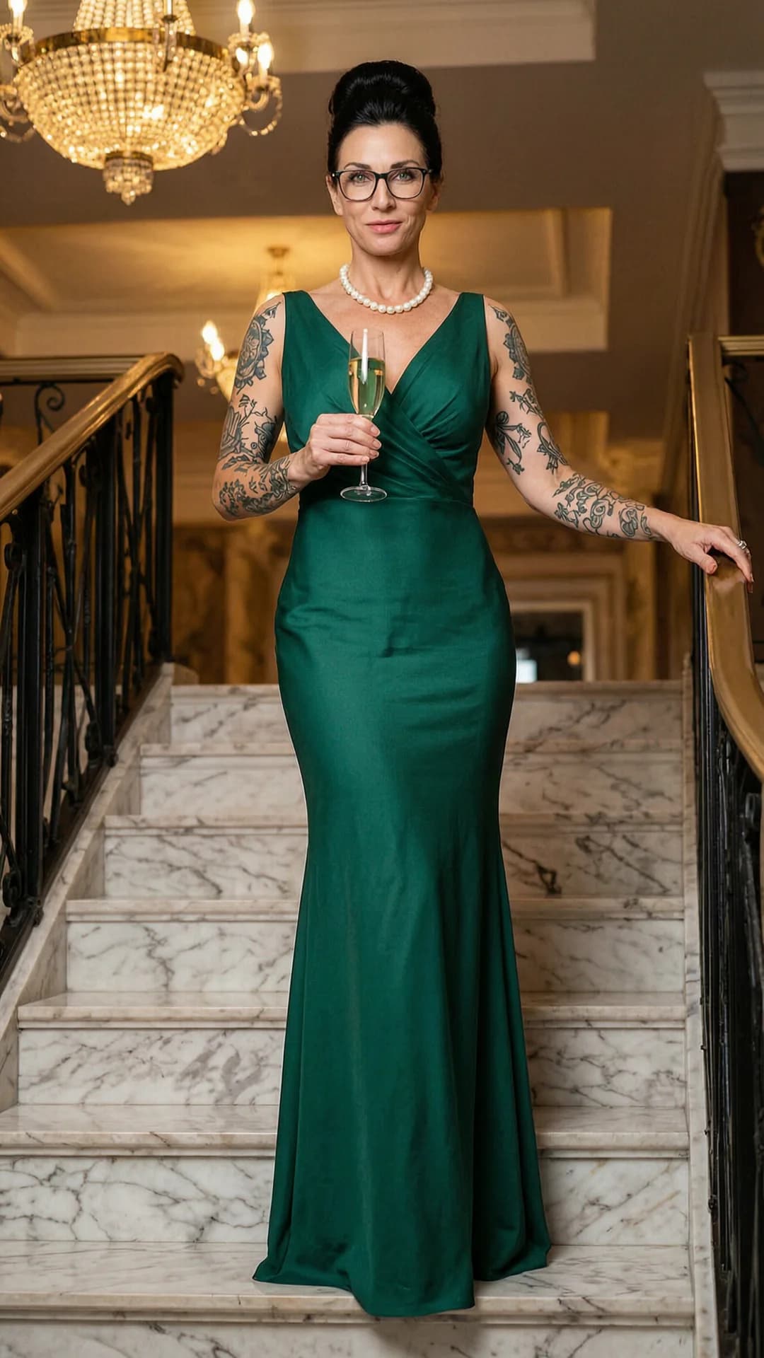 A 40-year-old Caucasian woman with a fit toned body, long black hair styled in an elegant updo, piercing green eyes behind stylish glasses, visible intricate tattoos on her shoulders and arms, standing confidently on a marble staircase at a luxury venue in a flowing emerald evening gown that hugs her curves, pearl jewelry accentuating her neckline, holding a champagne glass in one hand with the other resting on the banister, captured in a medium full-body shot from a low angle looking slightly upward, intense direct eye contact with the viewer conveying sophisticated confidence and subtle allure, lips gently parted, chandelier lighting casting glamorous highlights and soft shadows across the scene, fashion photography style, elegant posture with poised body positioning, Flawless anatomy, no extra digits, no extra limbs, realistic skin texture, high-detail.