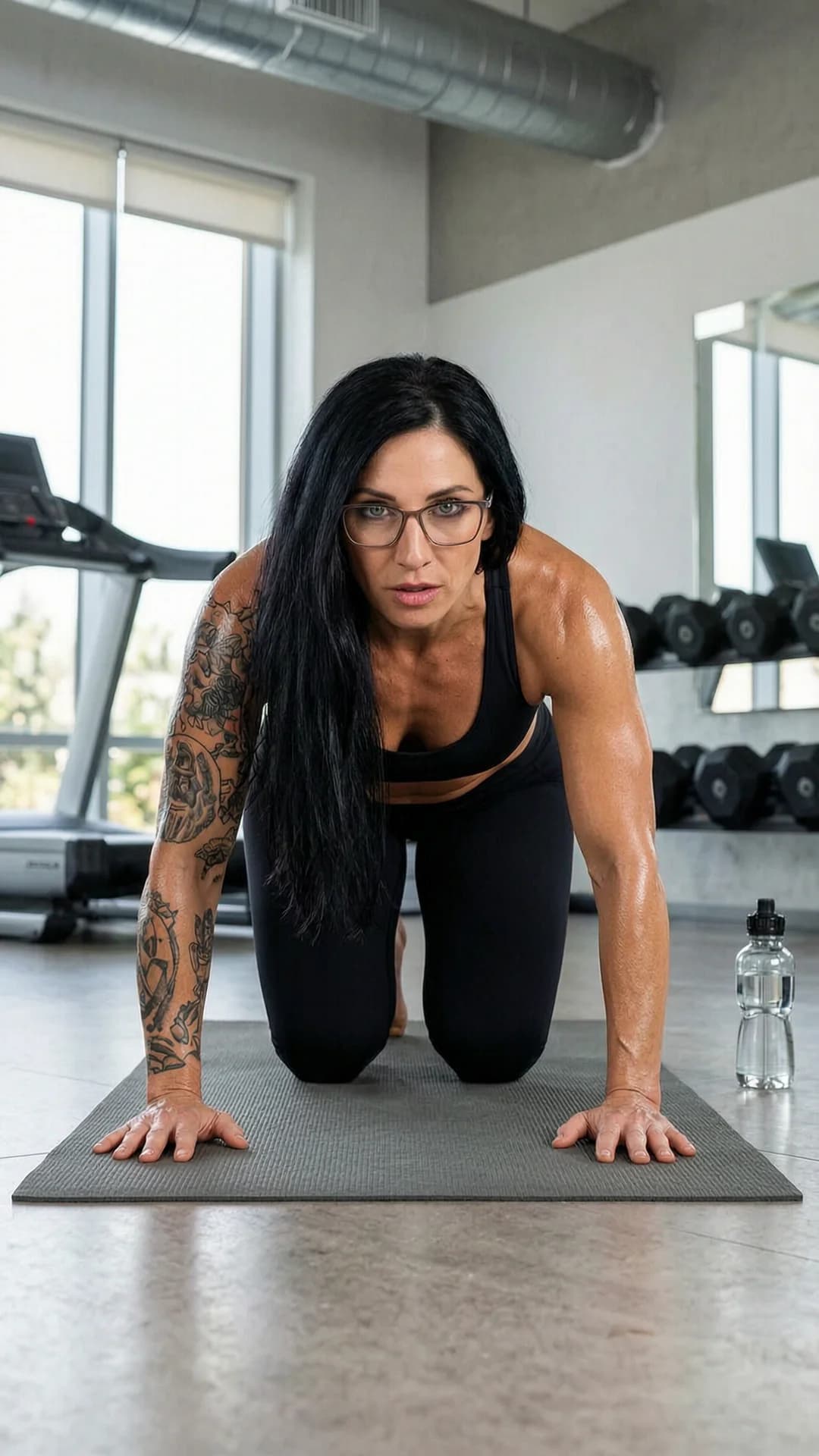 A 40-year-old Caucasian woman with long black hair, green eyes, wearing glasses, visible tattoos on arms and shoulders, fit athletic body type, dressed in tight form-fitting black yoga pants and a supportive sports bra, performing a deep forward fold stretching pose on a yoga mat in a modern gym with natural window lighting, toned physique glistening with light sweat, muscles flexed and defined, water bottle nearby on the floor, captured in a medium close-up from a low front angle POV with intense direct eye contact toward the viewer showing focused determination and motivation, lips slightly parted in concentration, motivational fitness atmosphere, healthy lifestyle vibe, realistic style, Flawless anatomy, no extra digits, no extra limbs, realistic skin texture, high-detail.